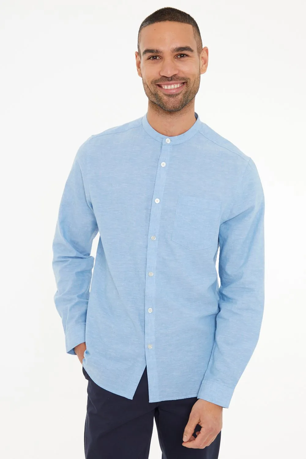 Linen Blend Long Sleeve Grandad Collar Shirt