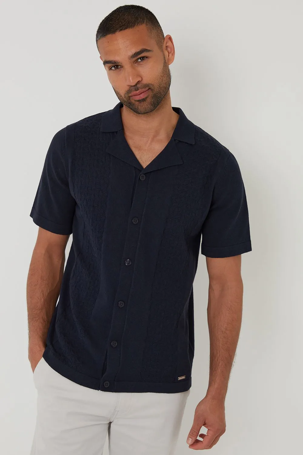 Textured Panel Revere Collar Knitted Shirt