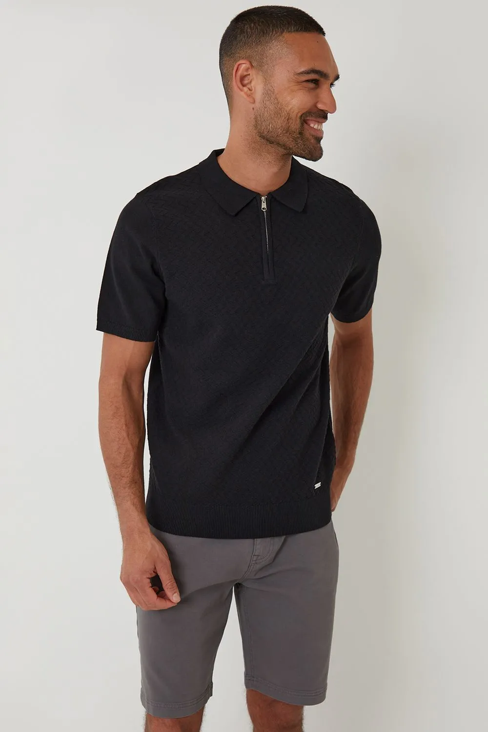 Textured Front Quarter Zip Knitted Polo