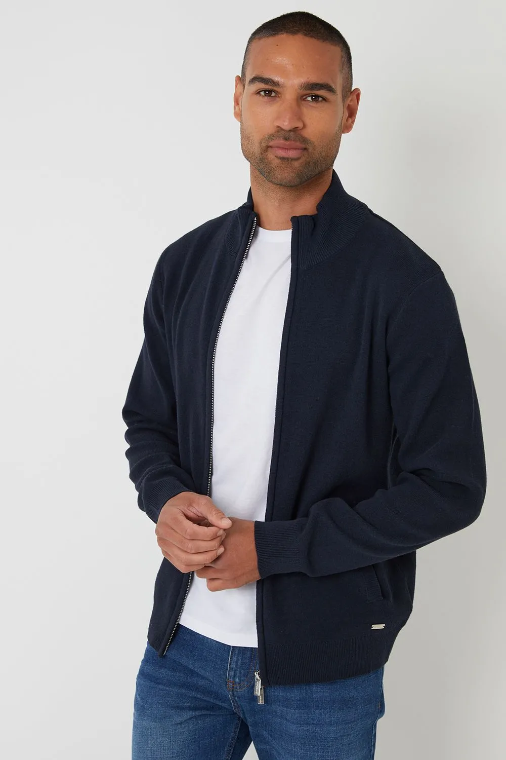 Cotton Blend Zip Up Funnel Neck Cardigan