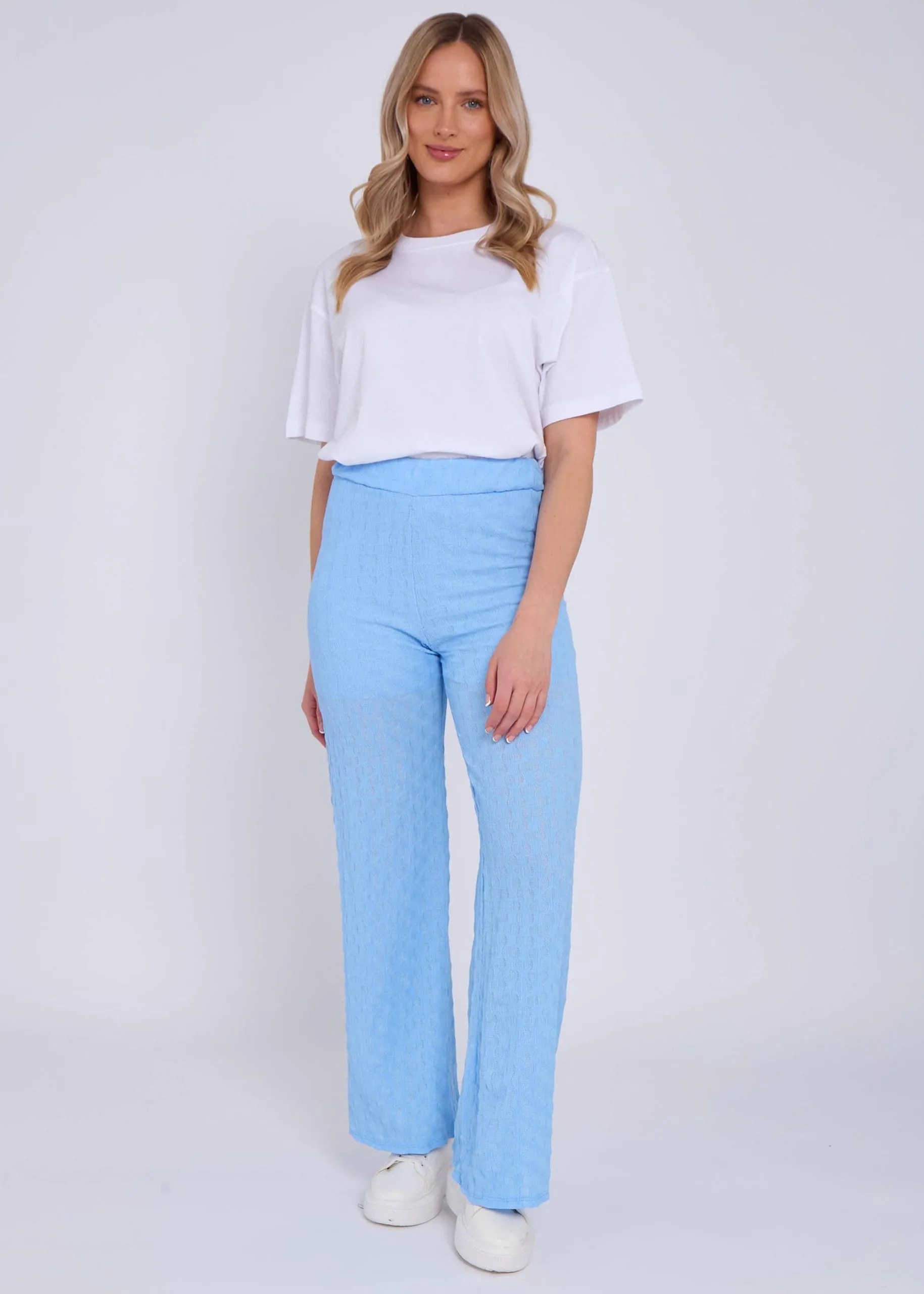 Sky Blue Textured Elasticated Waist Flared Trousers