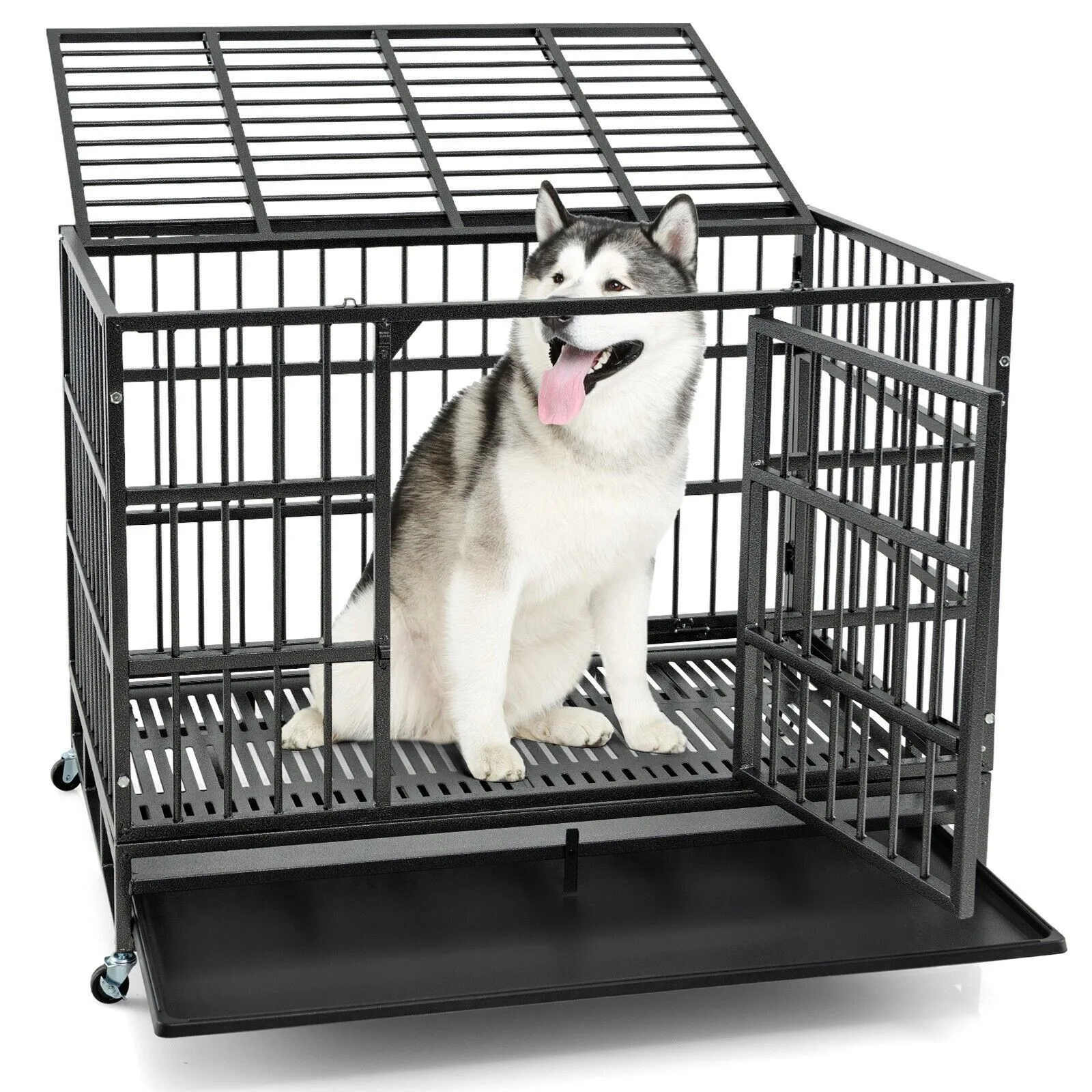 120cm Heavy-Duty Metal Dog Cage Foldable Escape-Proof Dog Crate w/Wheels
