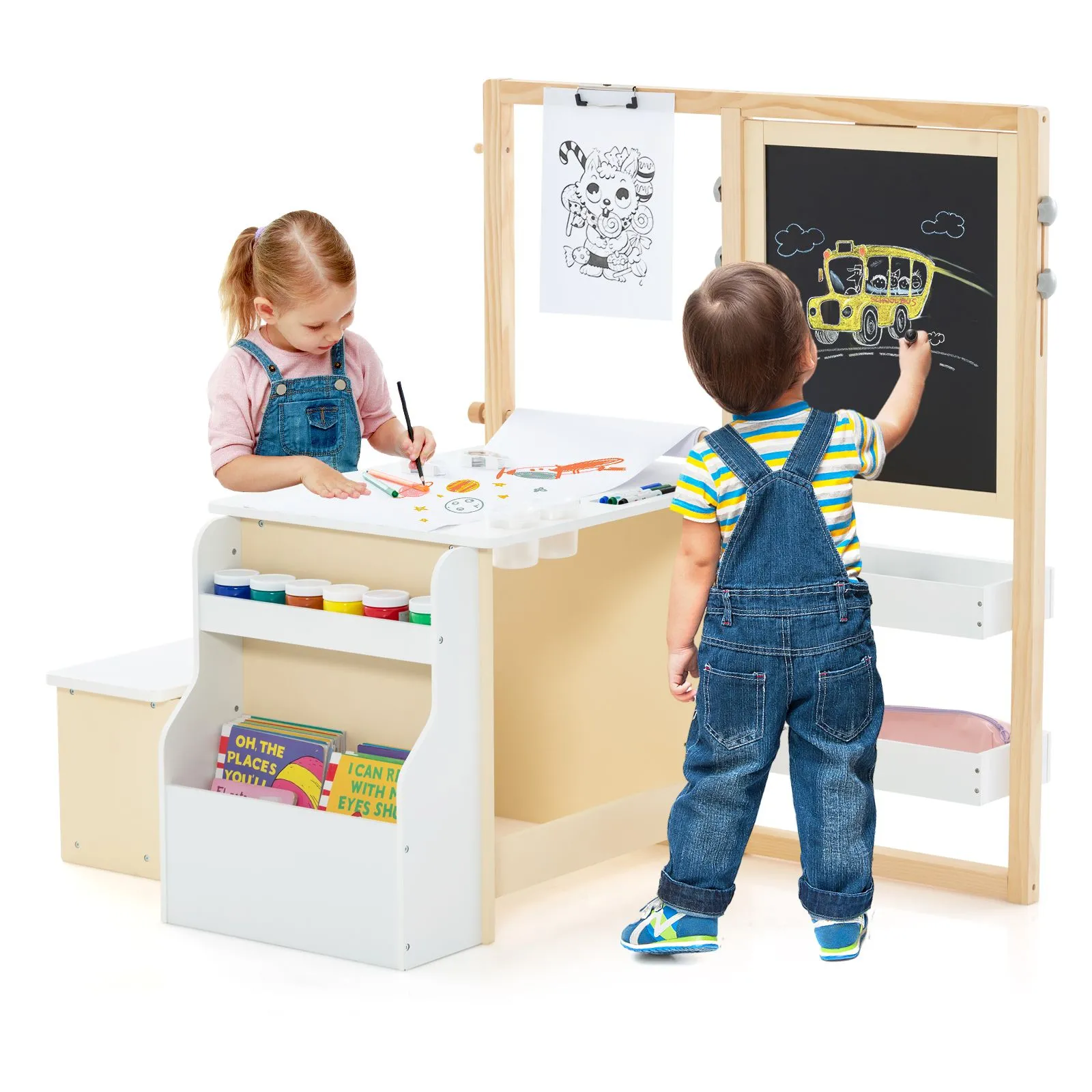 Kids Art Easel & Table & Bench Set With Double-Sided Adjustable Easel