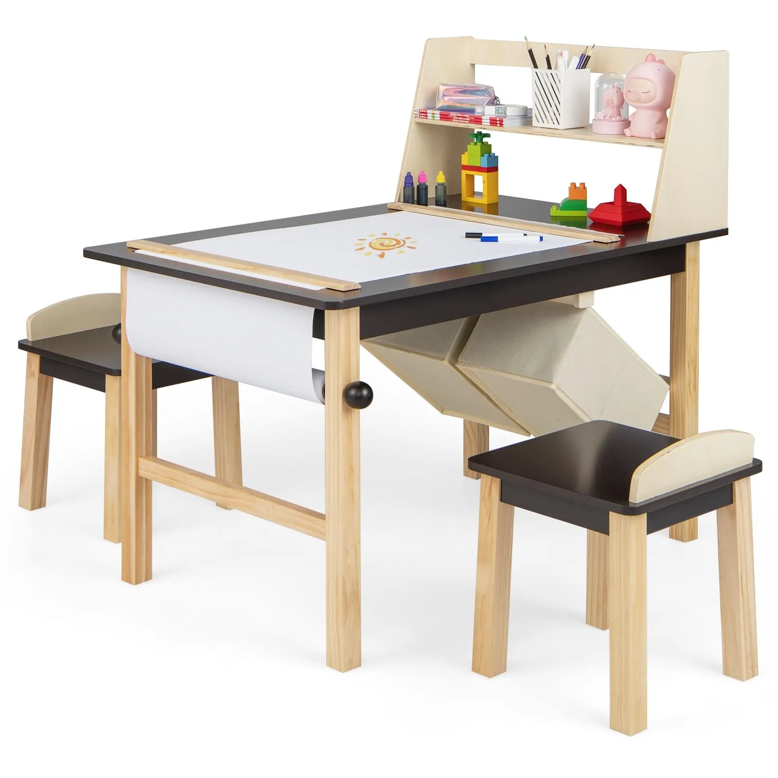 Kids Table & Chair Set Of 3 Wooden Toddler Drawing Art Desk Brown