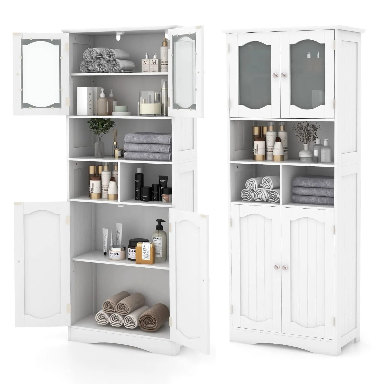 Freestanding Bathroom Tall Cabinet With Glass Doors Adjustable Shelves