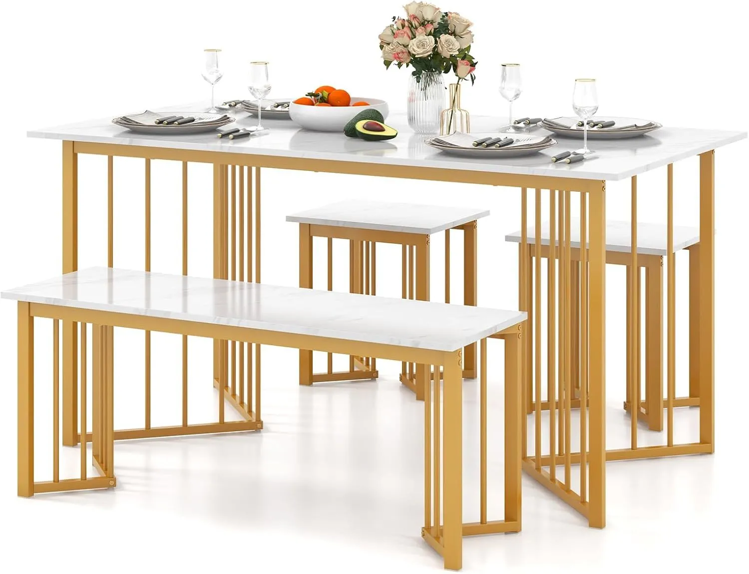 4 PCS Dining Table Set Kitchen Table With Bench & 2 Stool Marble Grain
