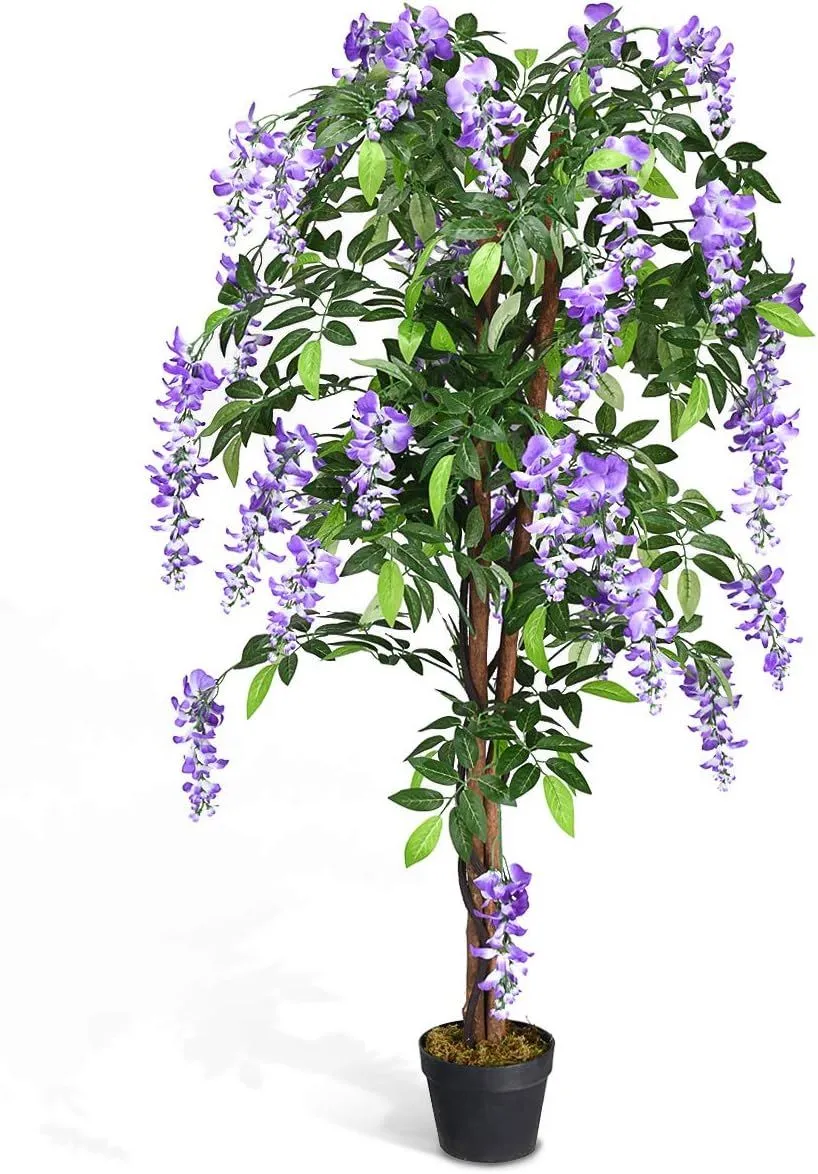 5FT Artificial Tree Fake Flower Wisteria Tree With 3 Natural Trunks