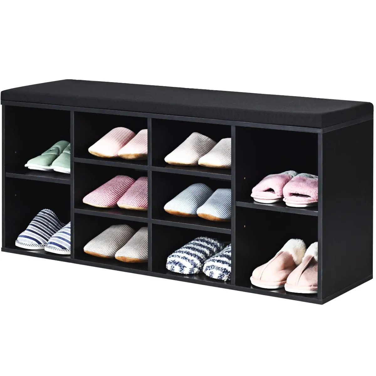 Shoe Bench 10-Cube Bench Cabinet Organizer Rack With Cushioned Seat