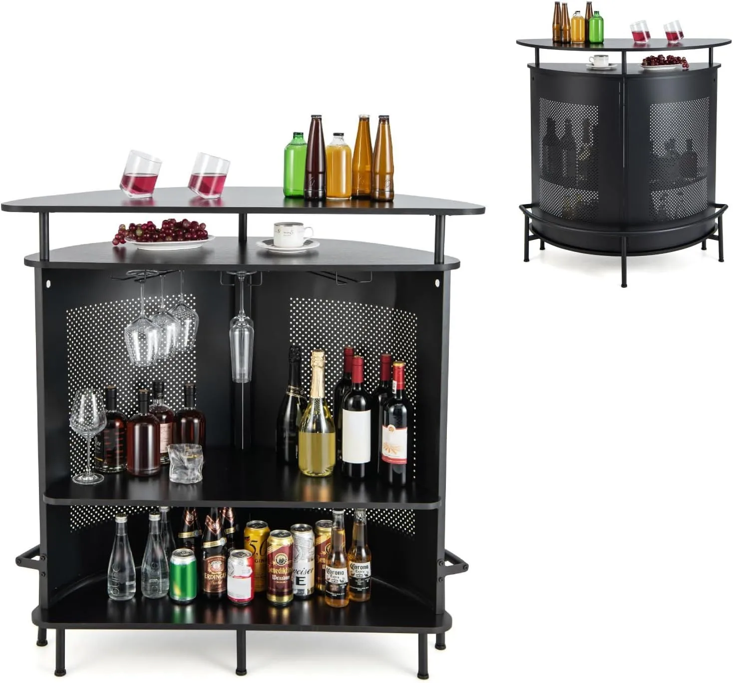 Home Bar Unit 4-Tier Bar Table With Metal Storage Shelves & Footrest