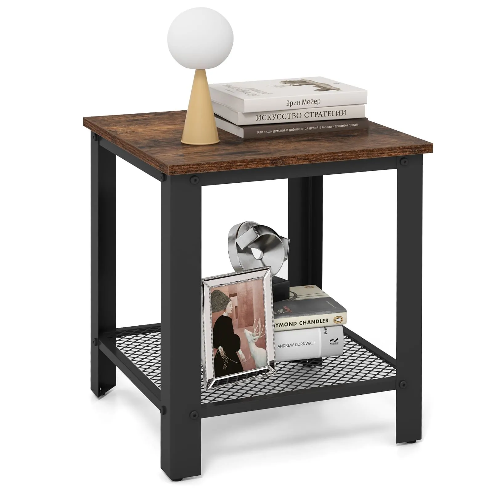 2-Tier End Table Side Table Square Nightstand Mesh Shelf Industrial