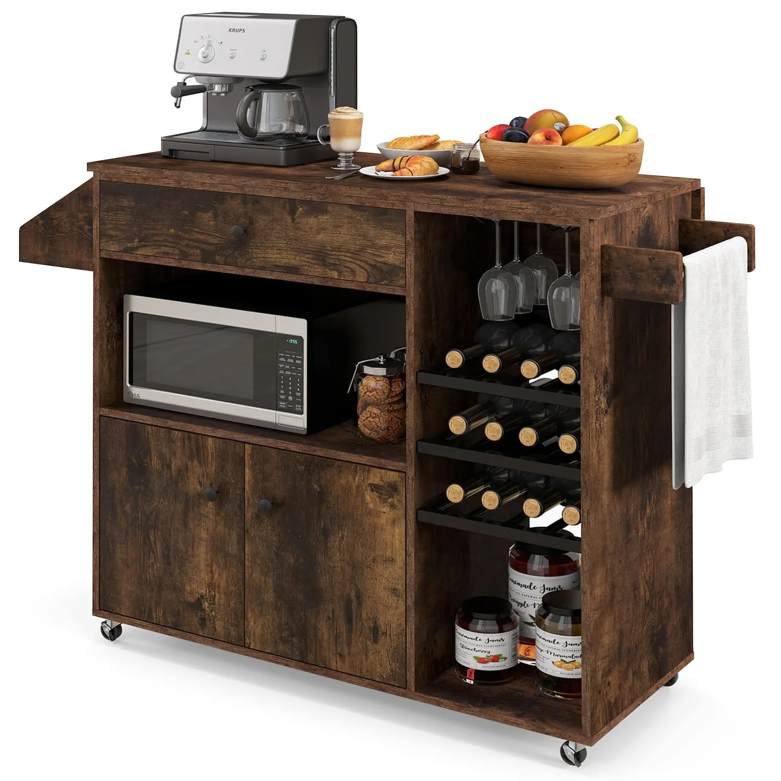 Kitchen Trolley Rolling Serving Cart With Microwave Shelf And Wine Rack