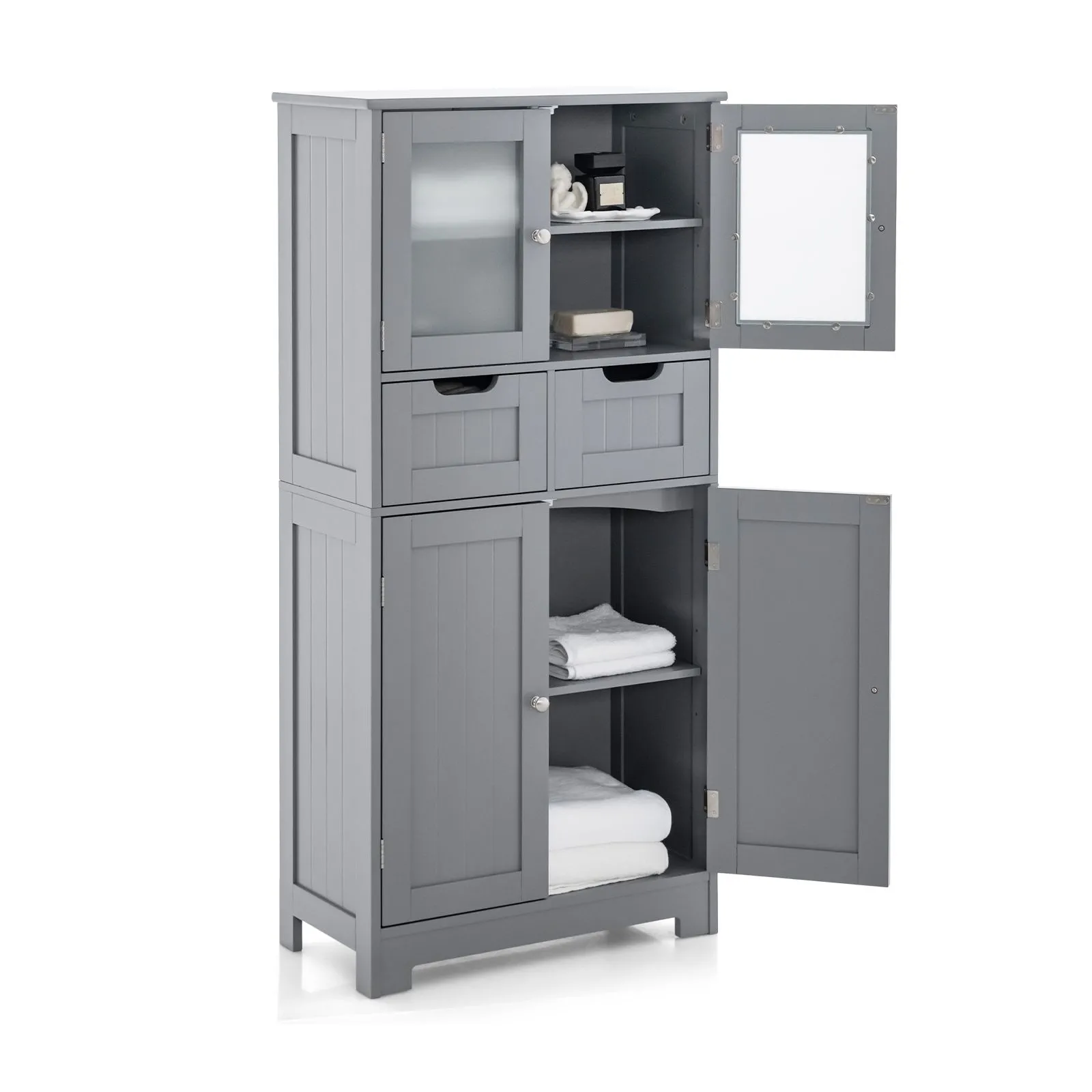 Tall Bathroom Cabinet Double Door Storage Organizer With 2 Drawers