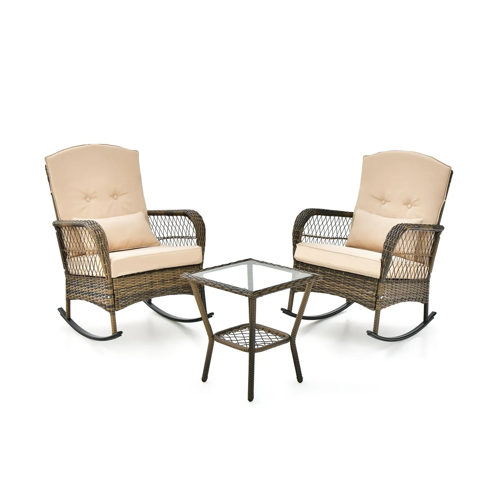3 PCS Outdoor Rocking Chair Set PE Rattan Chairs And Glass Side Table