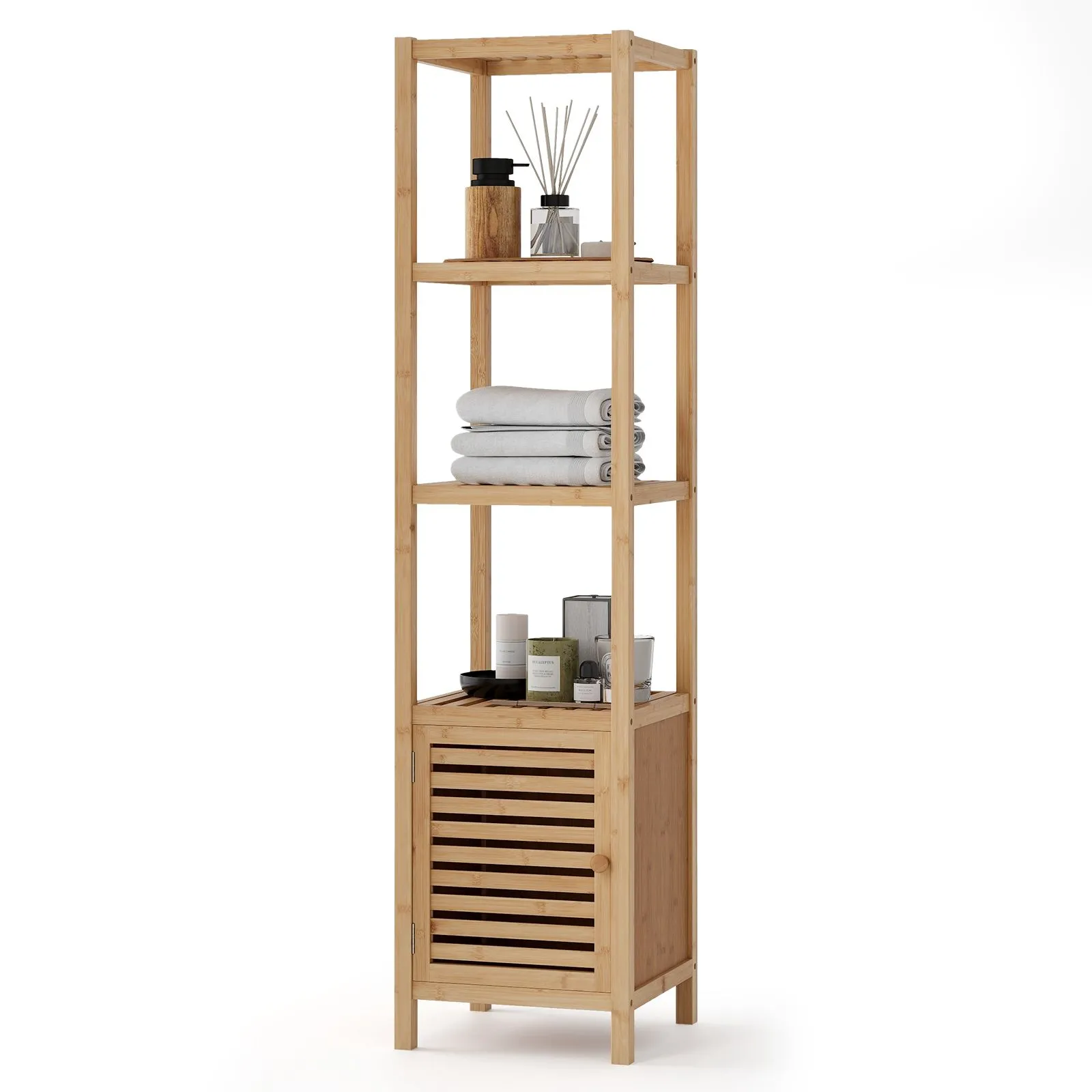140cm Bathroom Floor Cabinet Slim Tower Rack With Shuttered Door-Natural