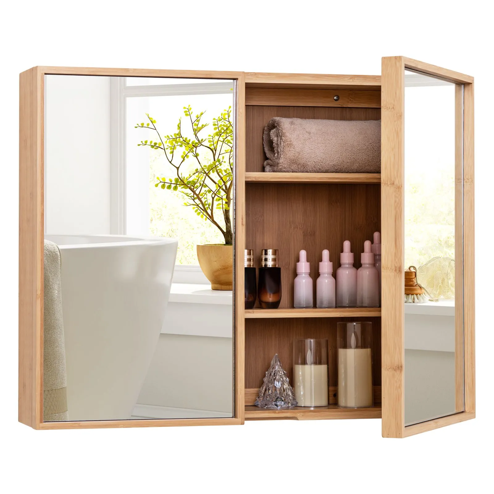 Bathroom Medicine Cabinet With Mirror Double-Door Wall Mounted Cabinet