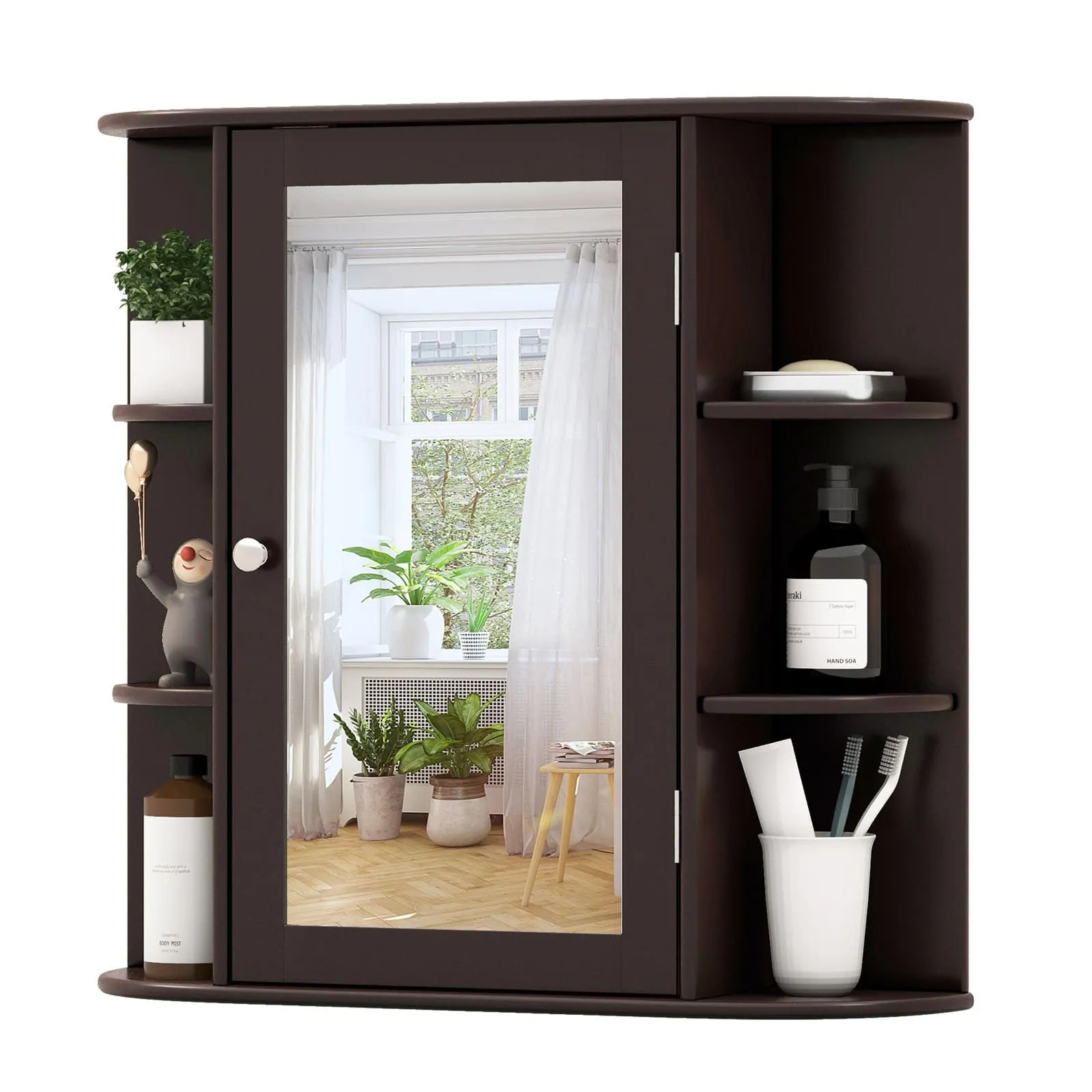 Mirrored Bathroom Cabinet Wooden Hanging Medicine Cabinet-Brown