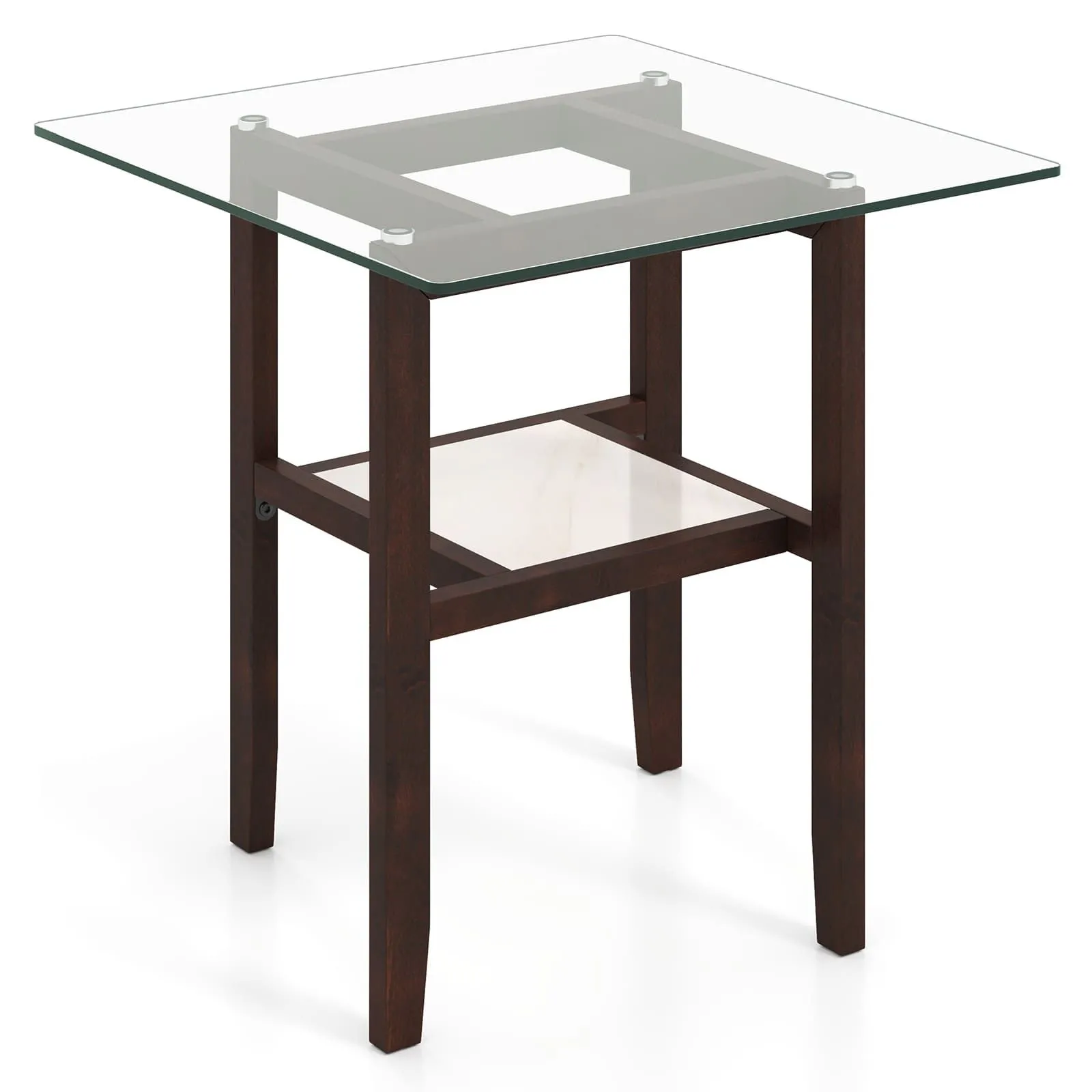 61CM Square Glass Side Table 2-Tier End Table With Storage Shelf-Brown