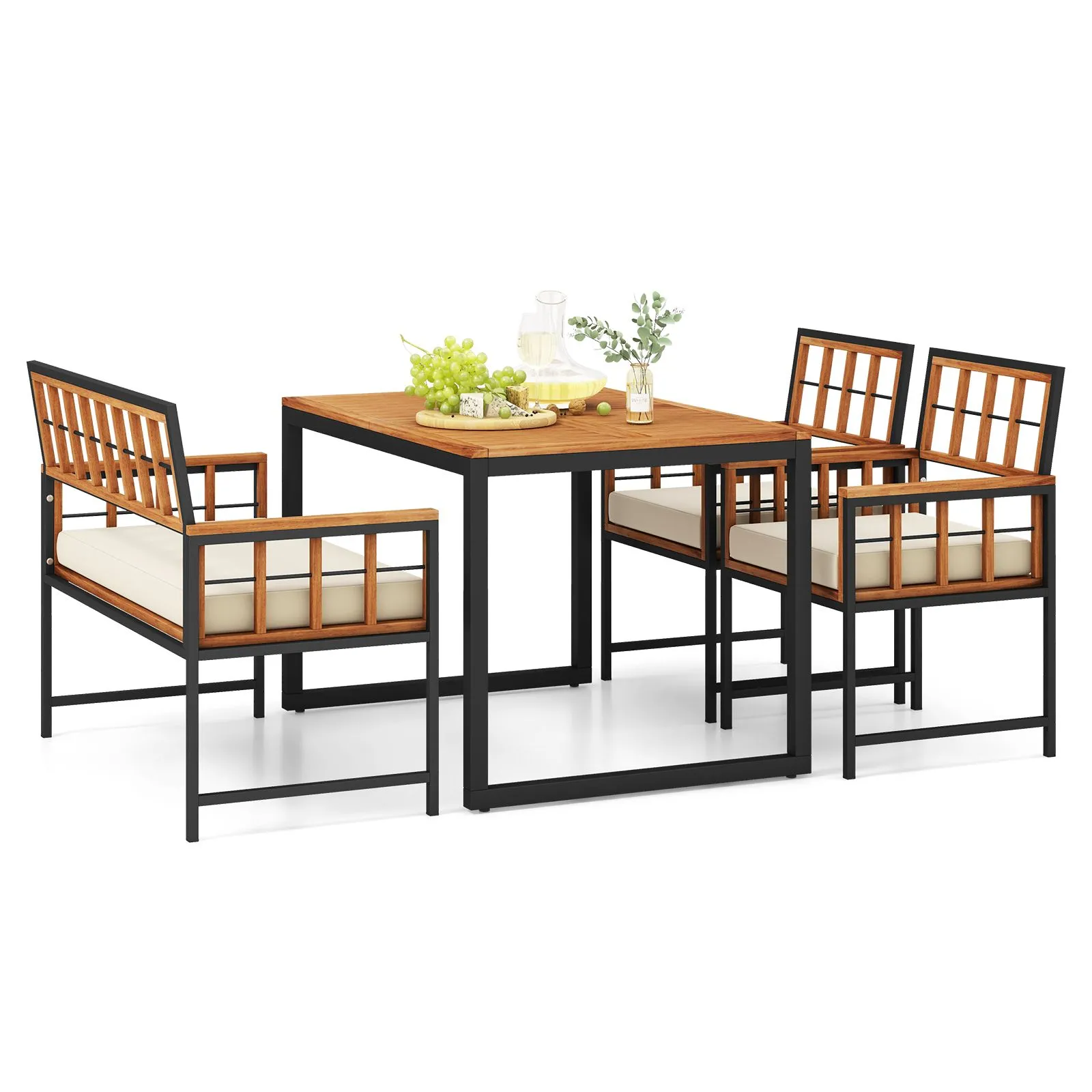 4PCS Acacia Wood Patio Dining Set Outdoor Rectangular Table And Chairs