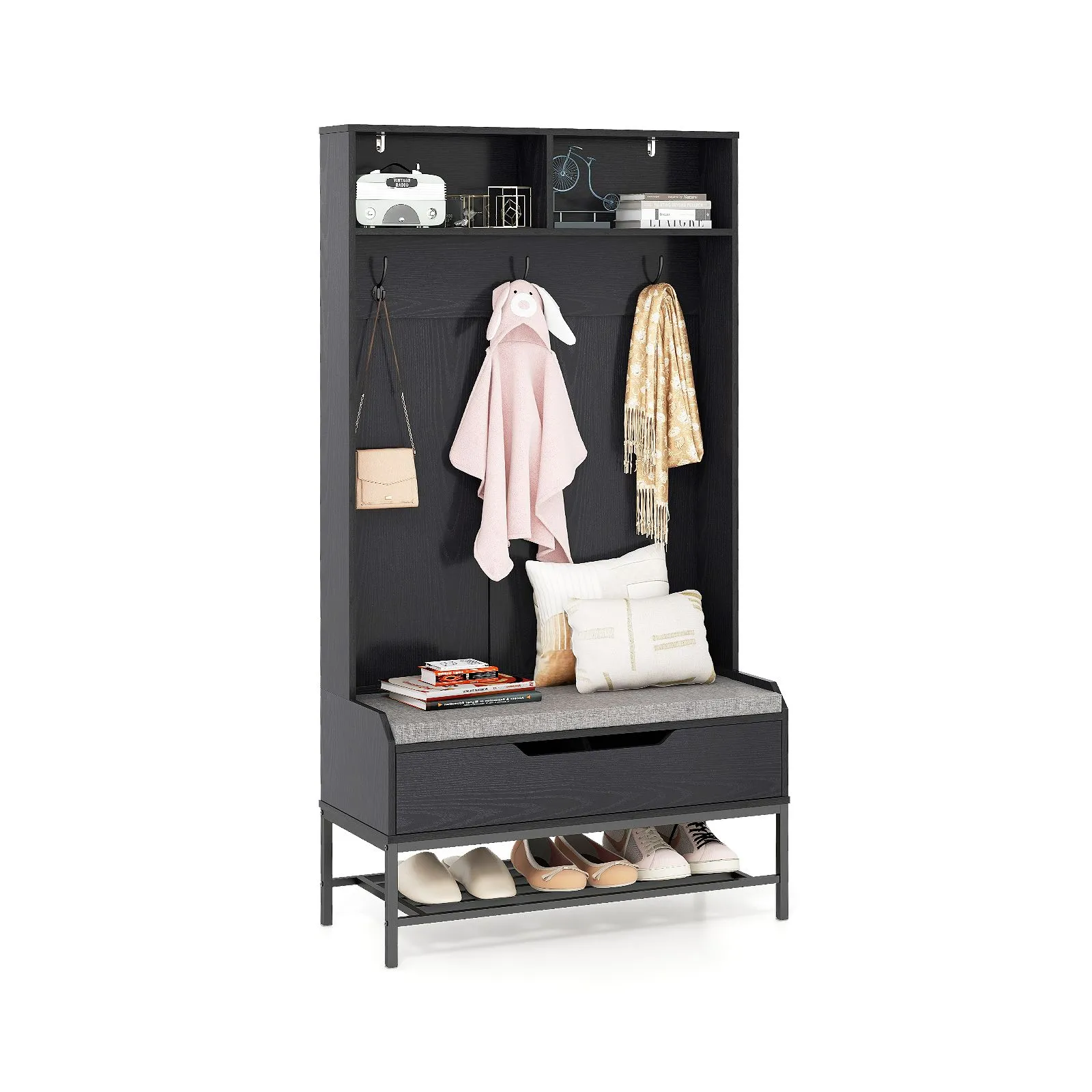 4-in-1 Coat Rack 170cm Tall Hall Tree Entryway Bench With Seat Cushion