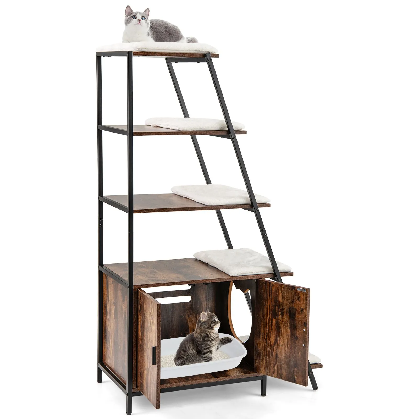 2-in-1 Large Cat Litter Box Enclosure With Side Entrance Ladder Shelf