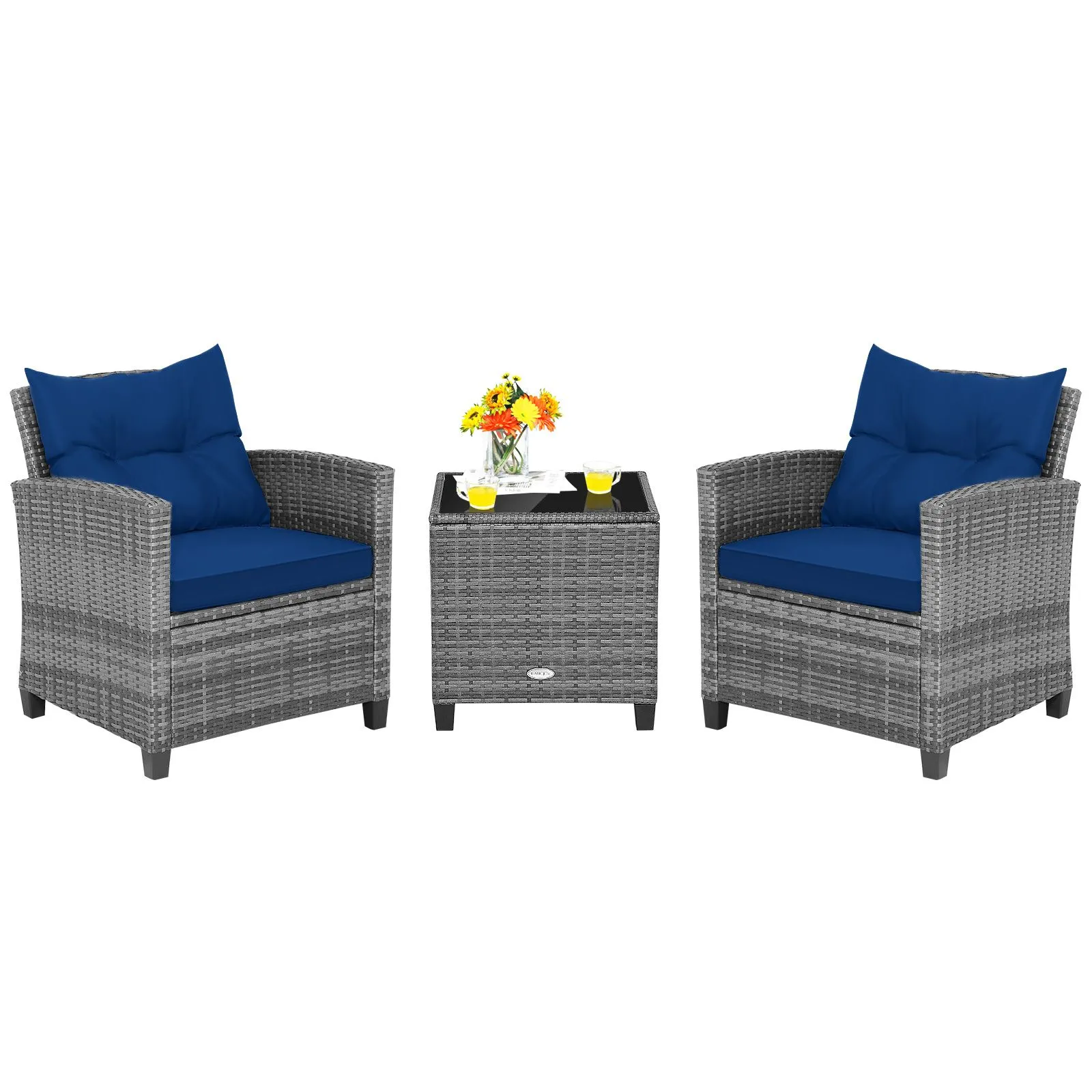 3 PCS Outdoor Rattan Sofa Set Glass End Table And Wicker Chair Set