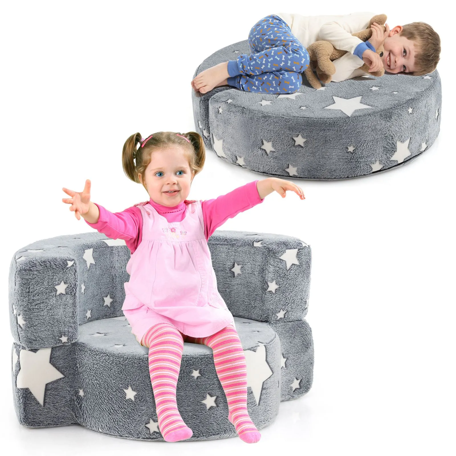 Convertible Kids Couch Glow in the Dark Plush Sofa With Flannel Cover