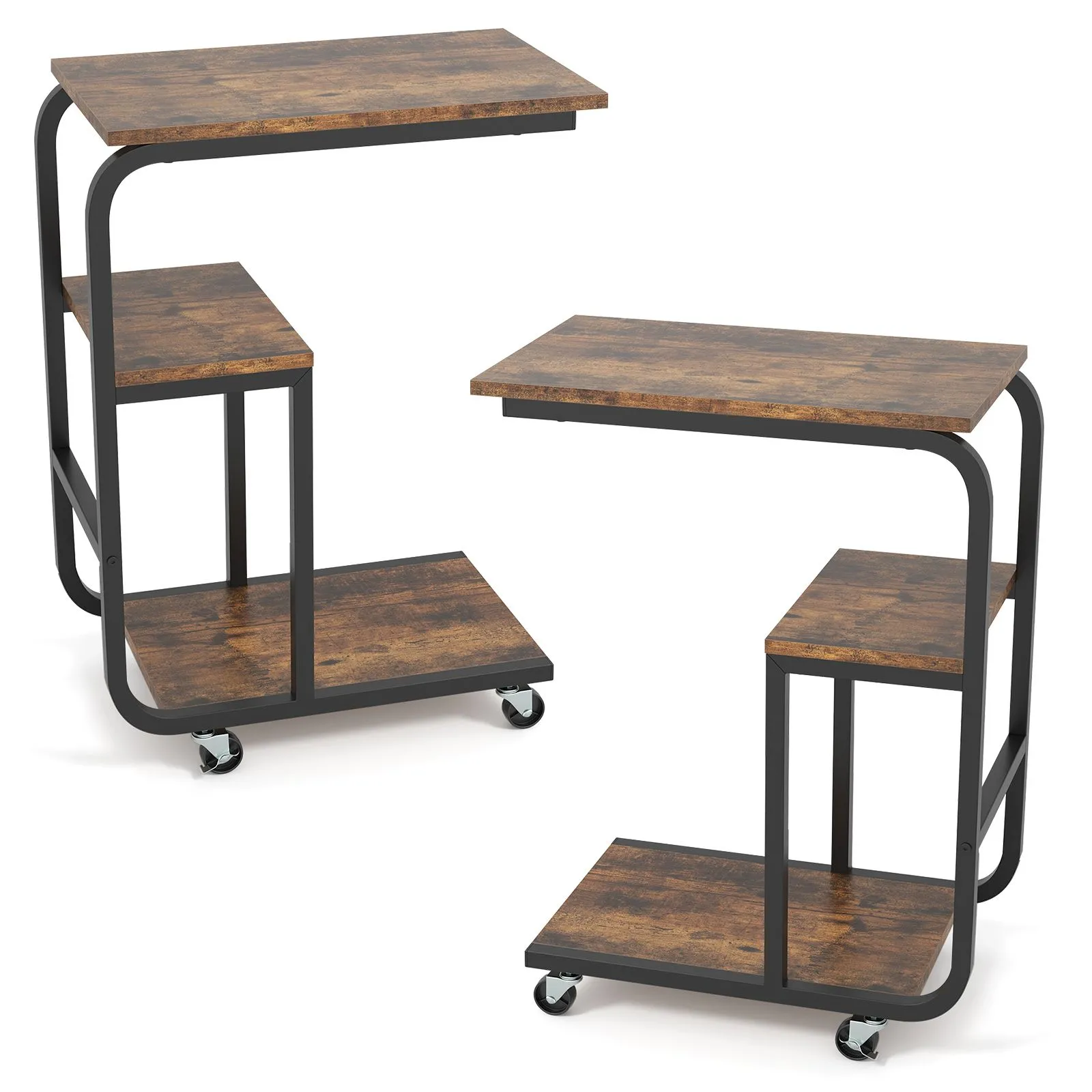 2 PCS Rolling End Table C-shaped Couch Table Industrial Sofa Side Table
