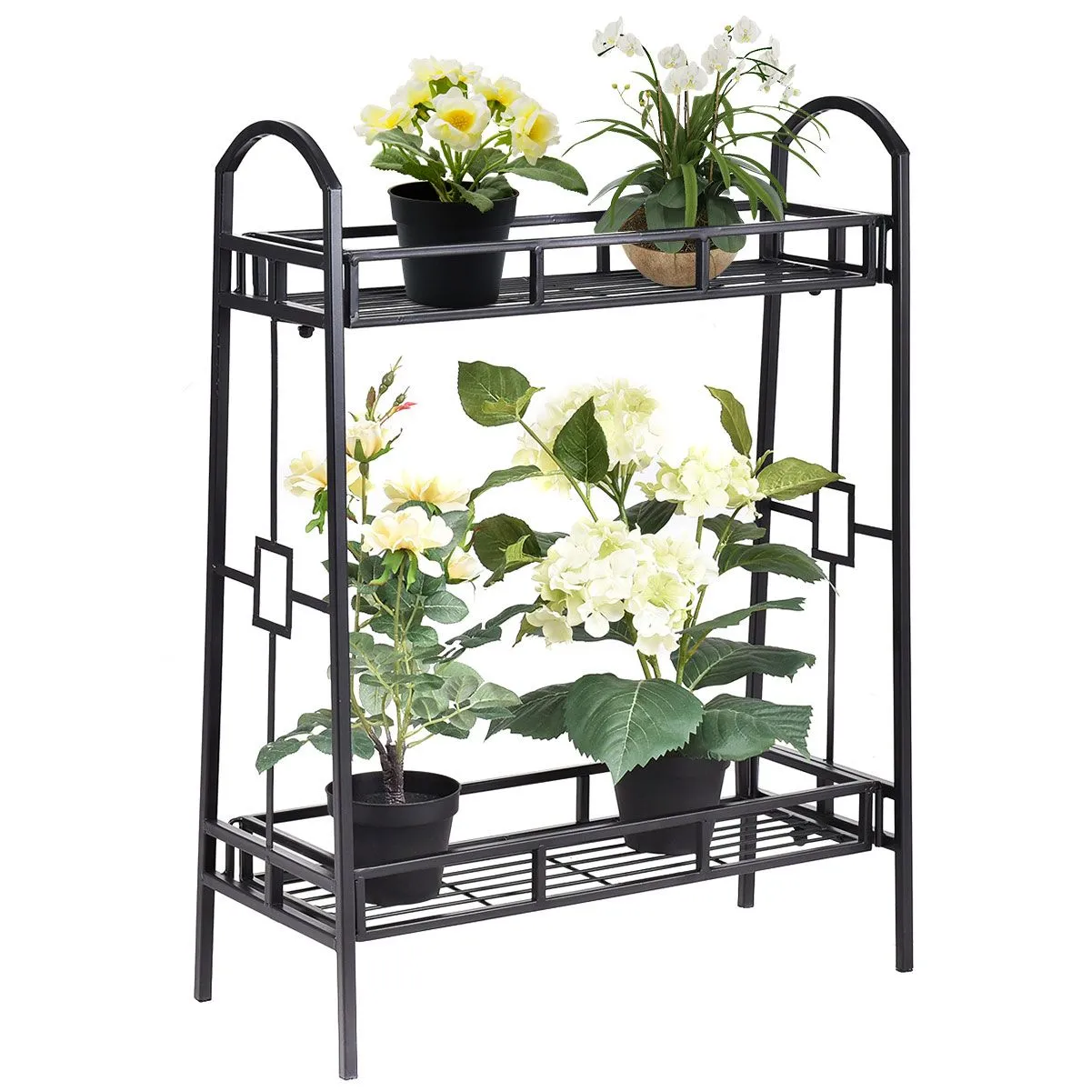 2 Tier Metal Plant Stand Indoor Flower Pots Display Rack Shelf-Black