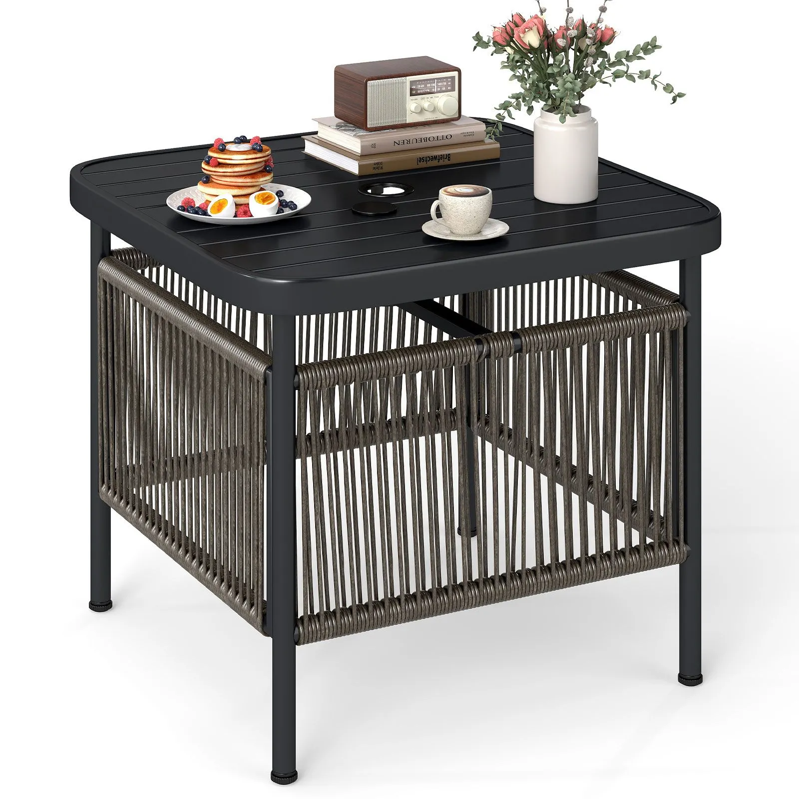 Outdoor PE Rattan Side Table With 5CM Umbrella Hole Square End Table