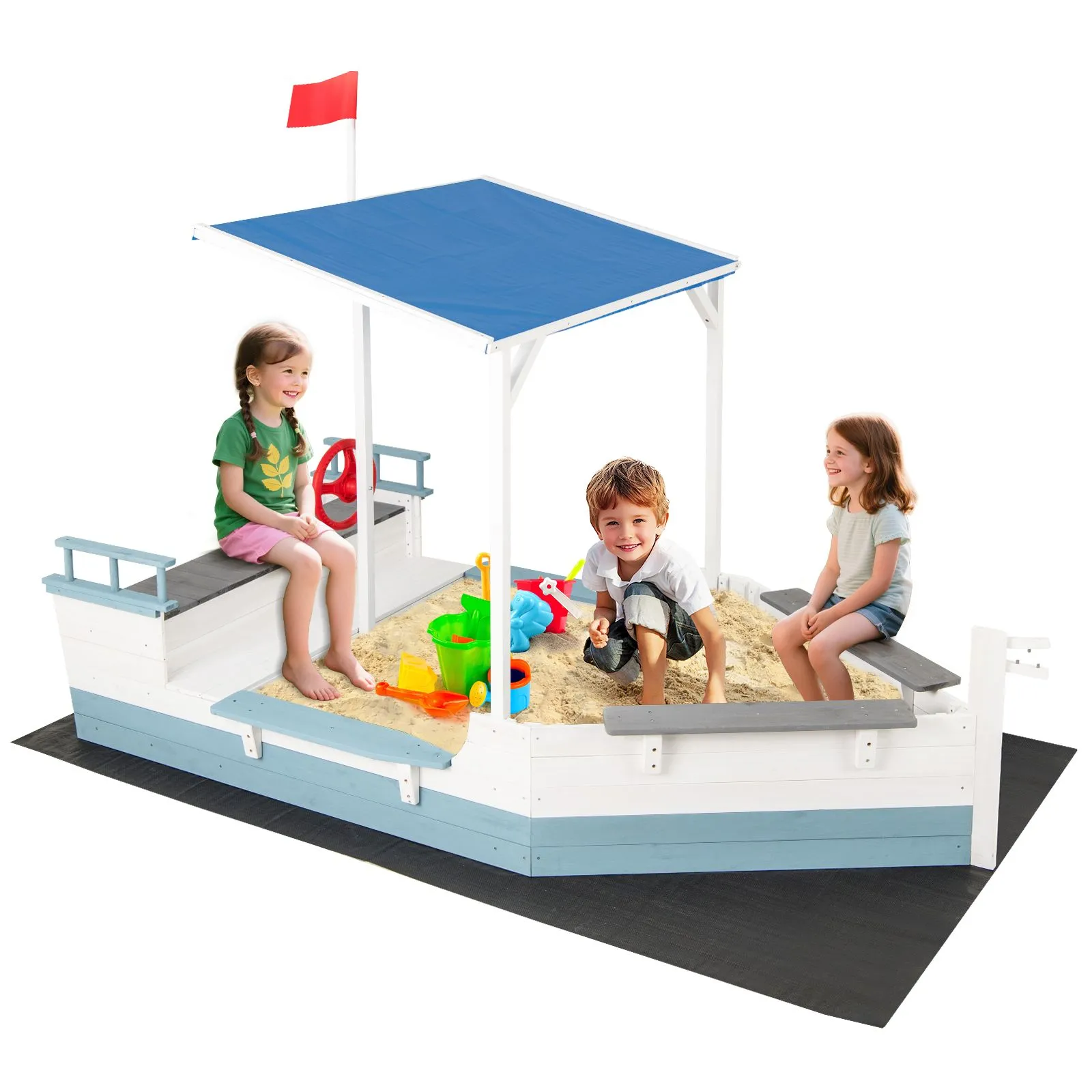 Wooden Sandpit Pirate Ship Sand Boat With Storage Bench Seat-White