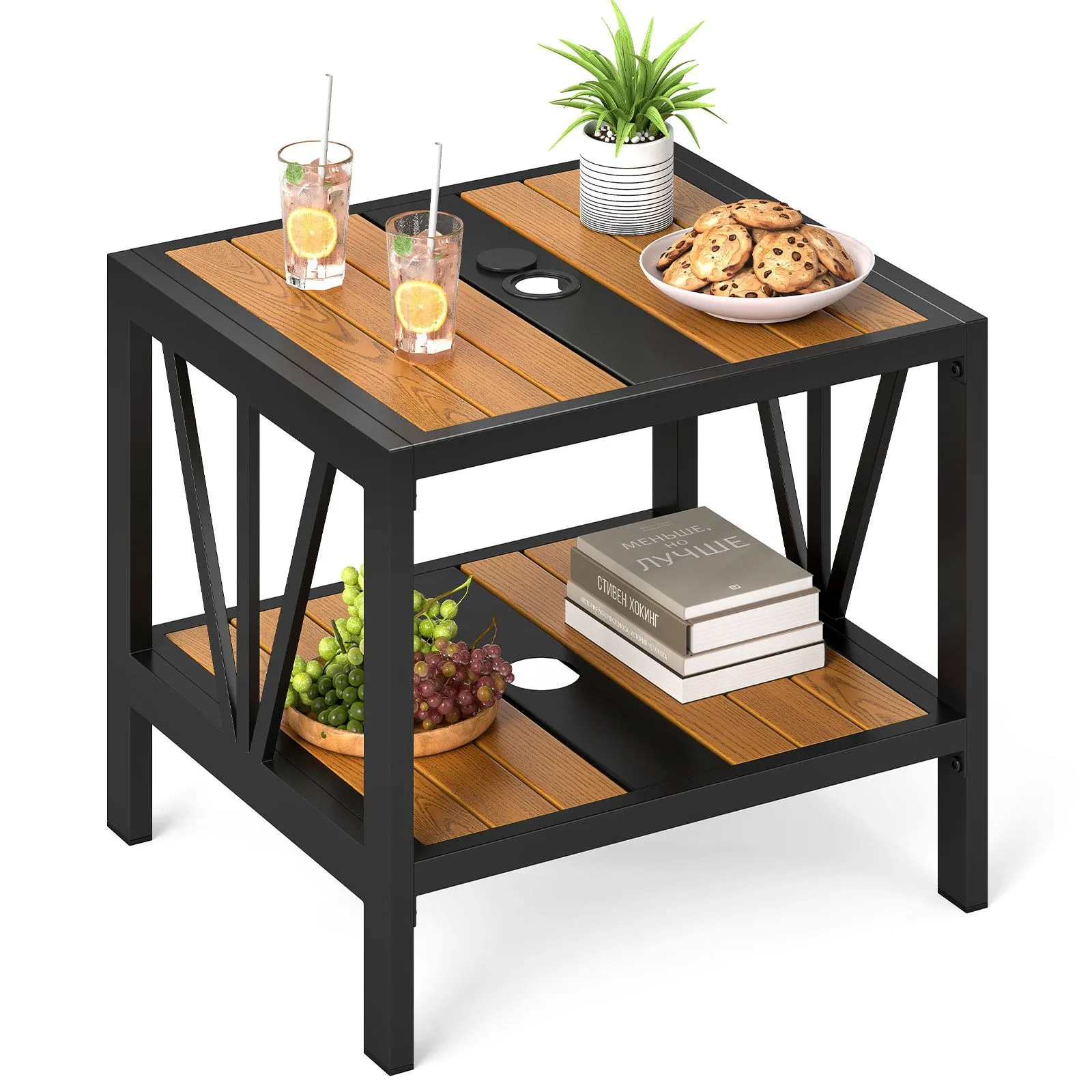 2-Tier Metal Small Patio Coffee Table Garden Side Table 52 x 46 x 45cm