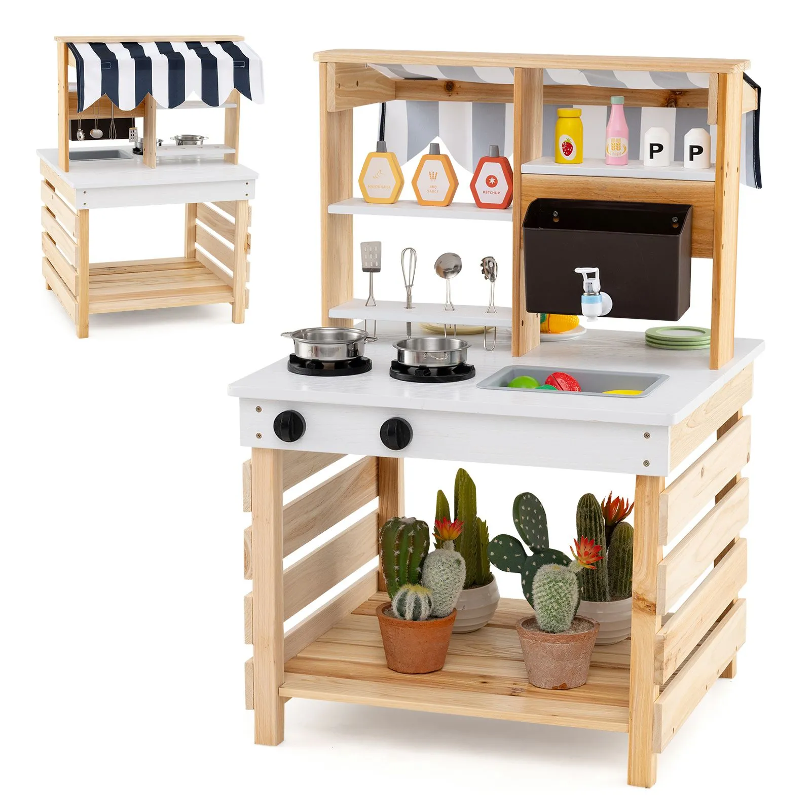 2-In-1 Wooden Mud Kitchen Double-Sided Toy Kitchen Playset Natural