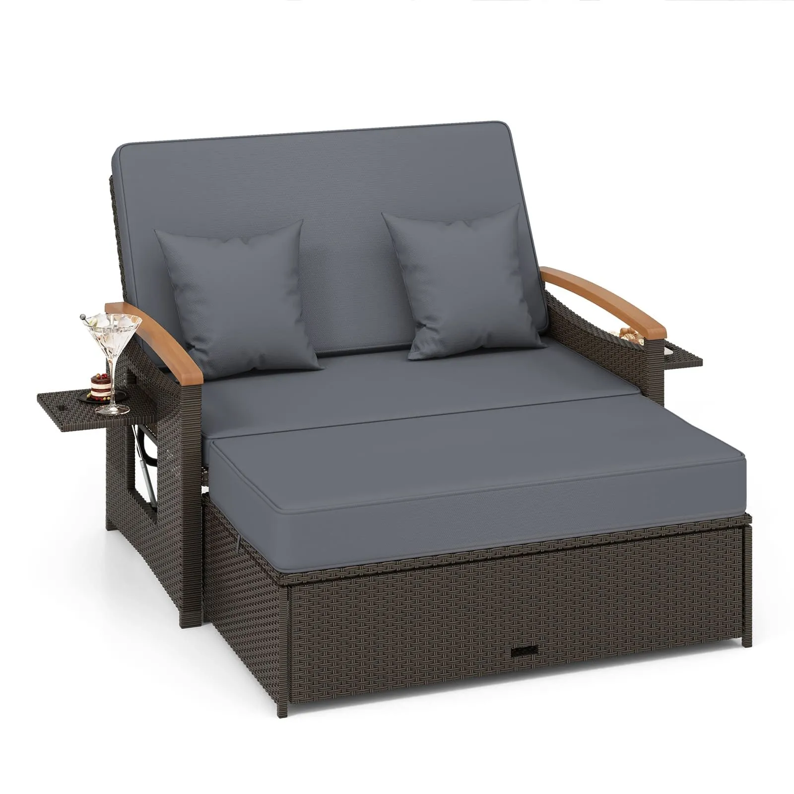 Outdoor Wicker Daybed Rattan Woven Loveseat With Ottoman Side Table