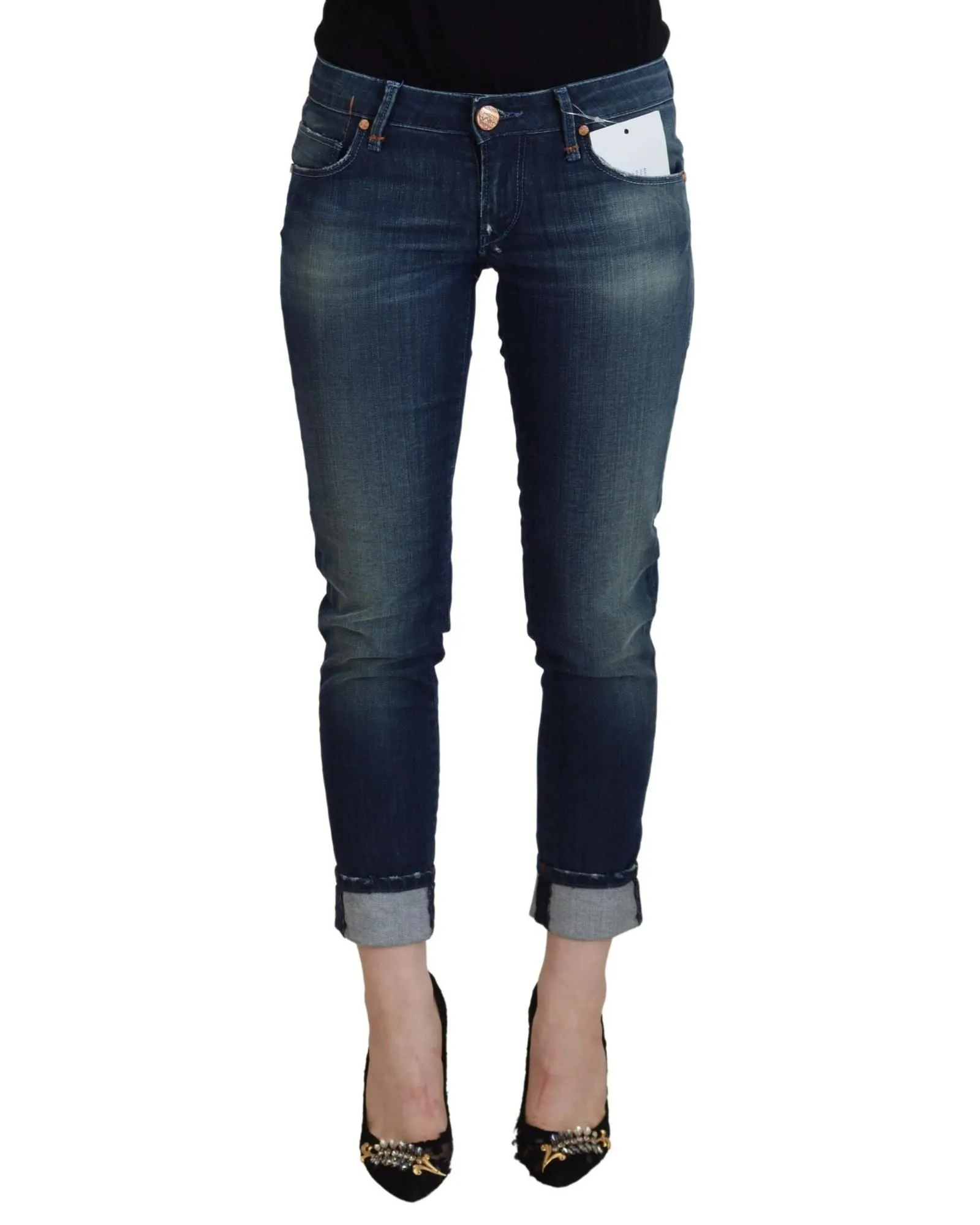 Cropped Jeans Cuffed Hem Skinny Fit- Blue Jeans