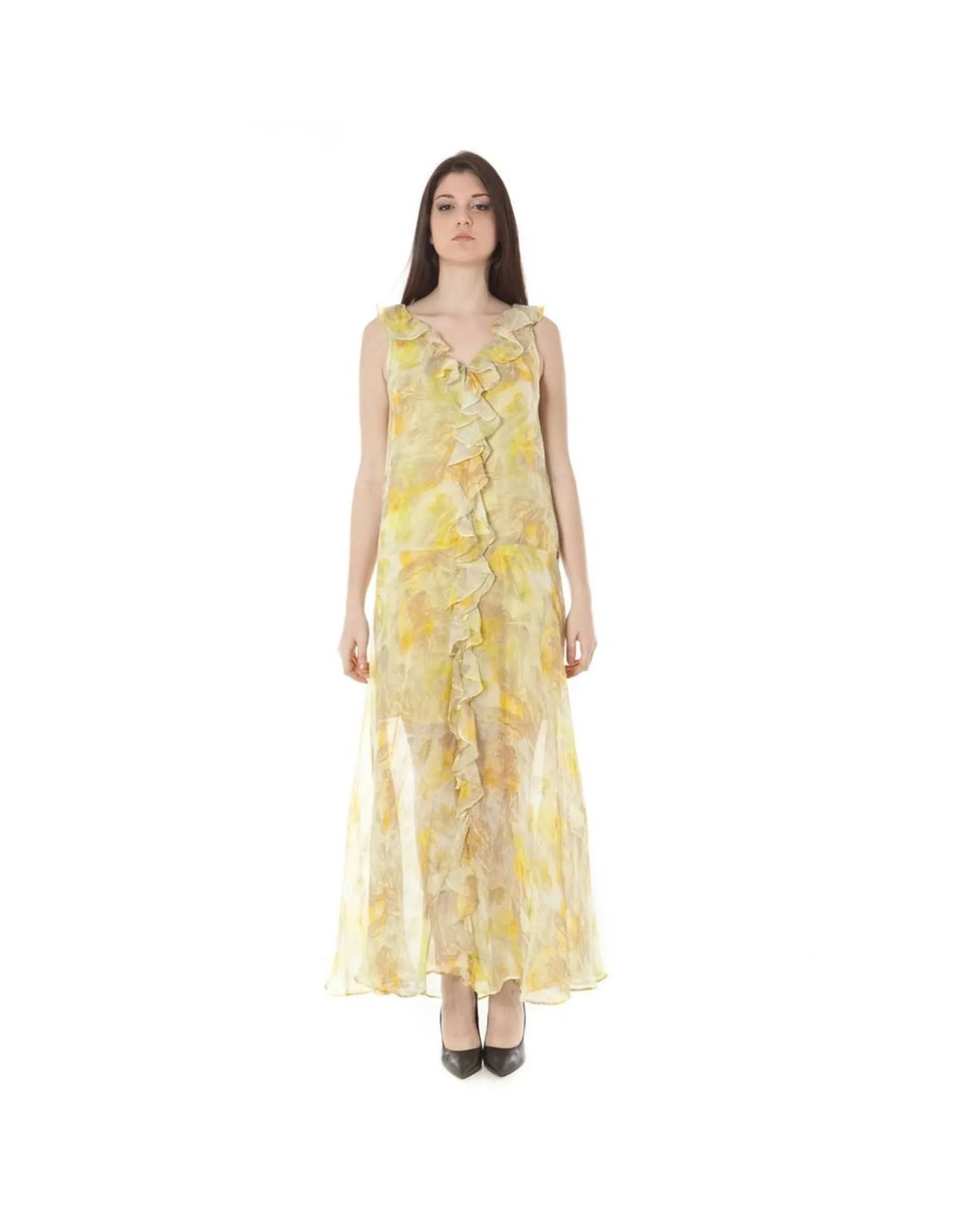 Floral Print Maxi Dress Sleeveless VNeck- Yellow Dresses