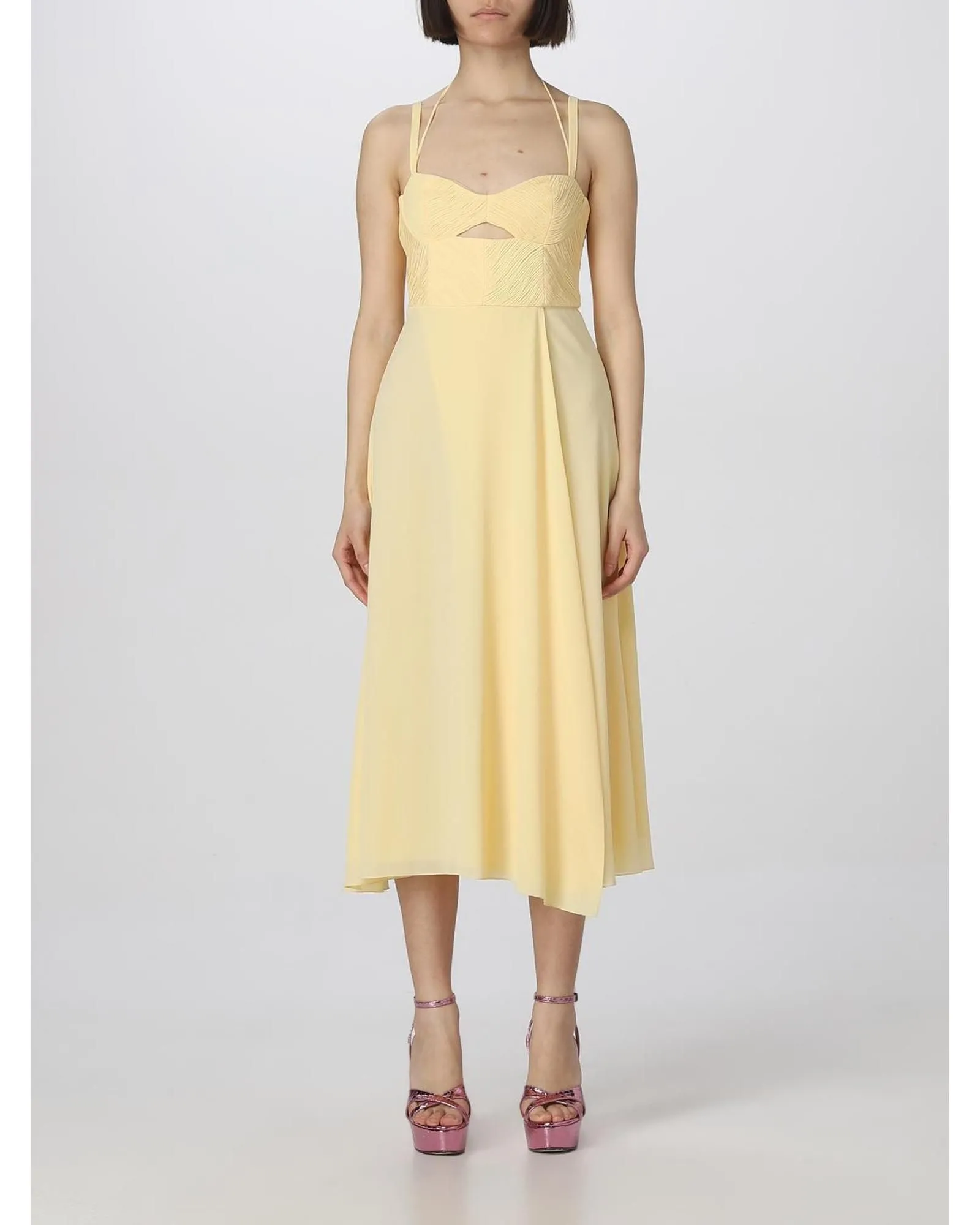 Pleated Halter Midi Dress- Yellow Dresses