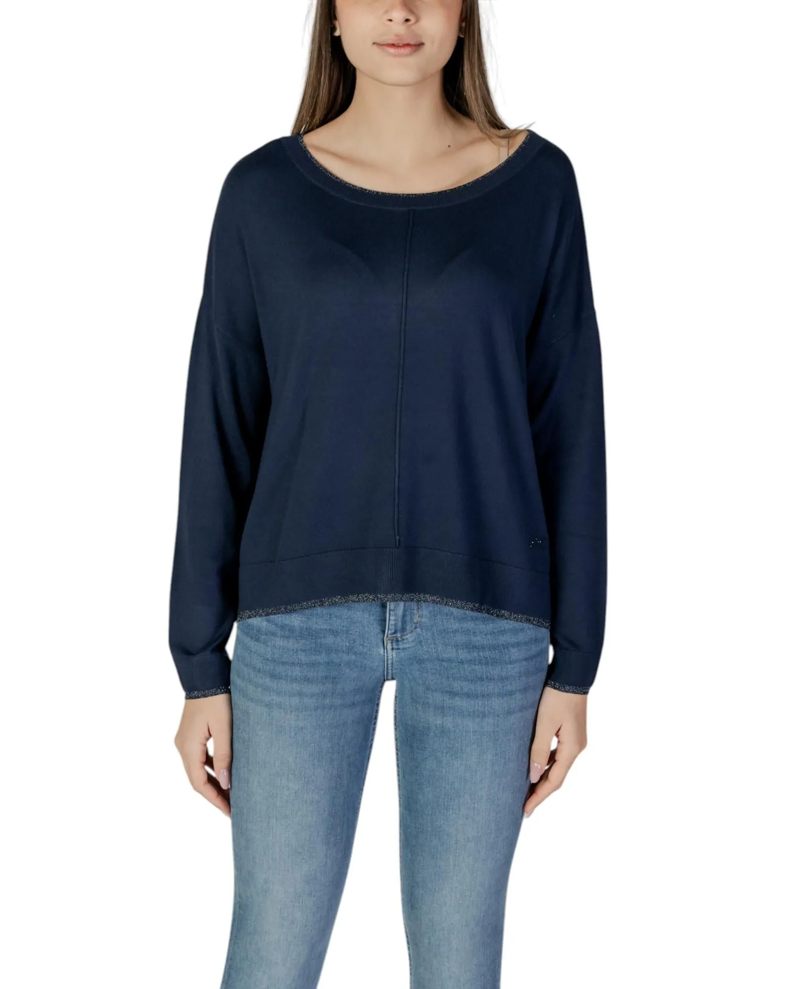 Boat Neck Long Sleeve Sweater Glitter Trim Wo - Blue Knitwear