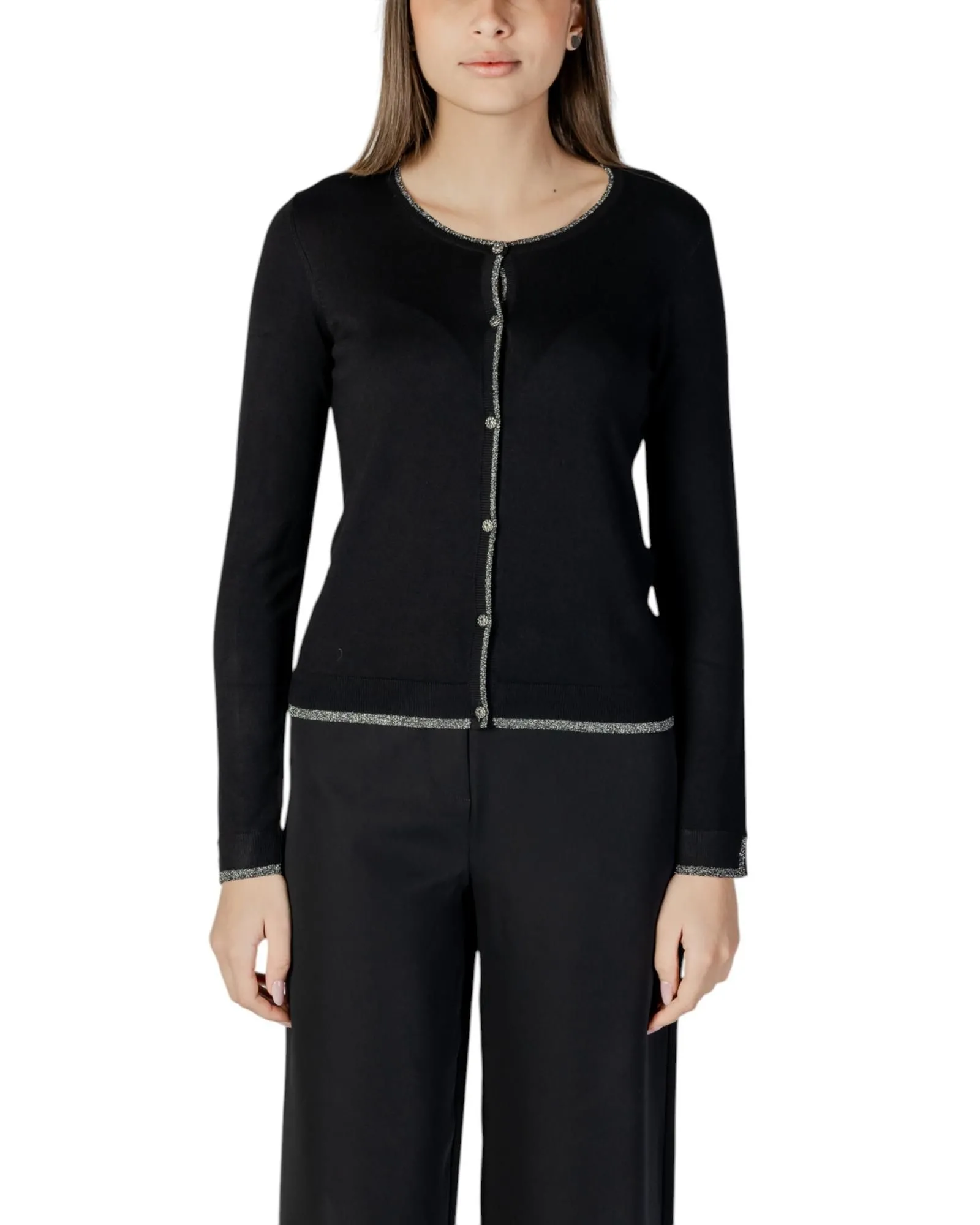 Round Neck Button-Up Long Sleeve Cardigan Wo - Black Sweaters