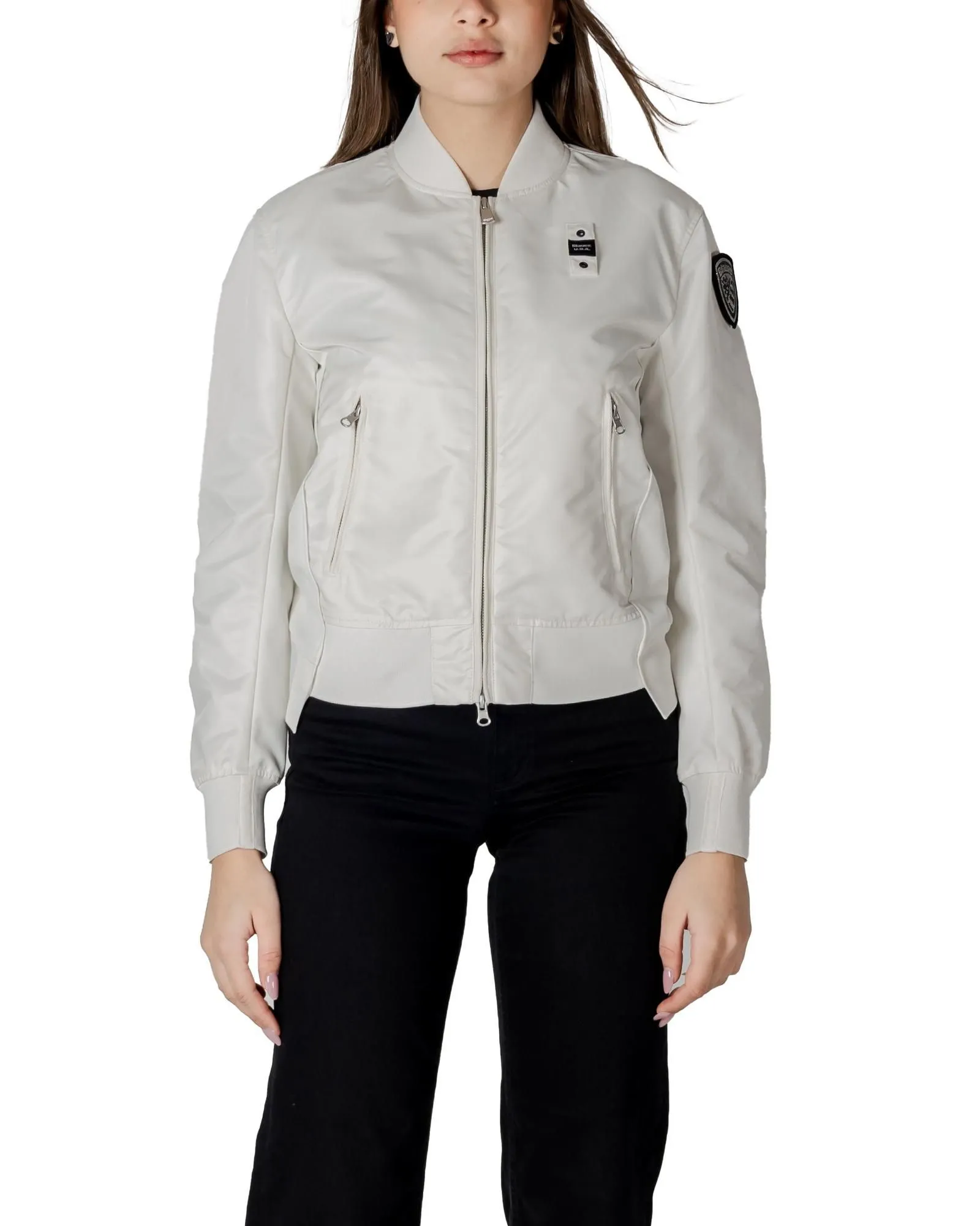 Round Neck Zip-Up Jacket with Front Pockets- White Blazers