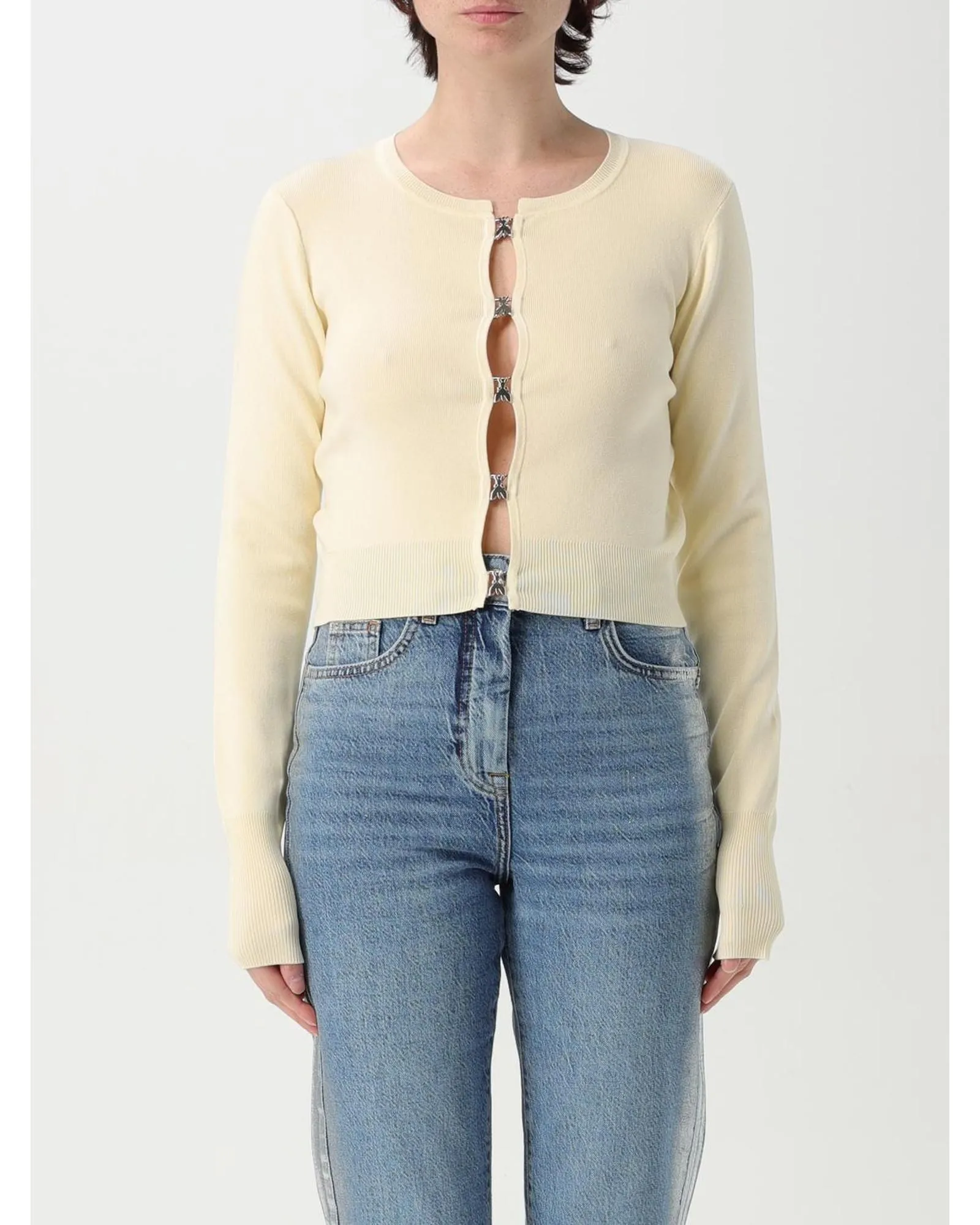 Cropped Knit Cardigan Metal Buttons- Red