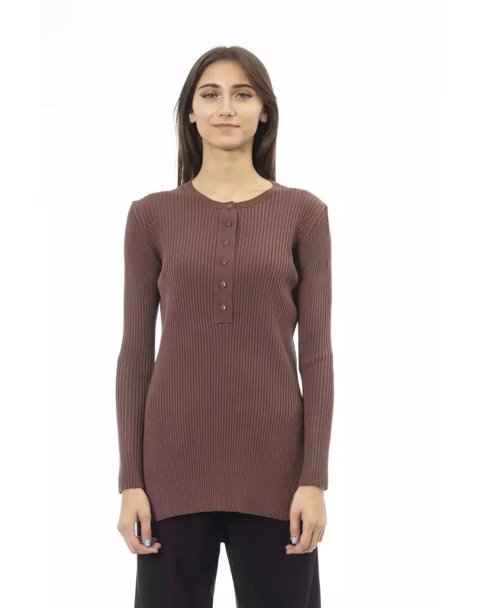 Long Sleeve Ribbed Henley Top AL23530- Brown Sweaters