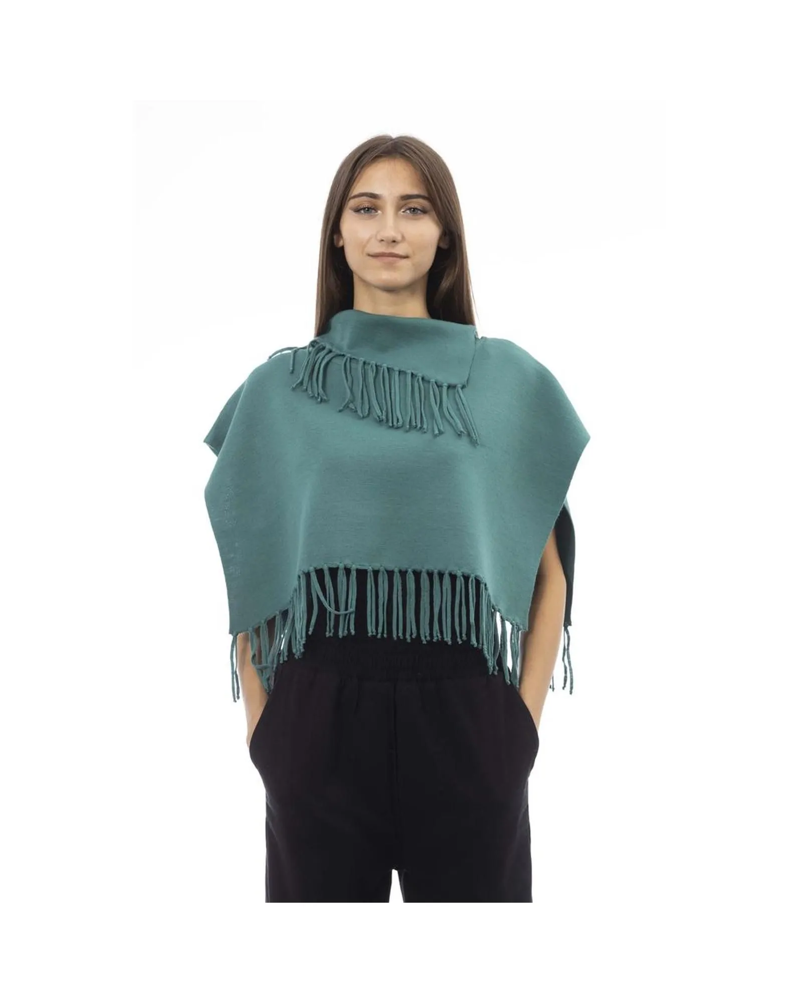 Teal Wool Poncho Fringed High Neck- Green