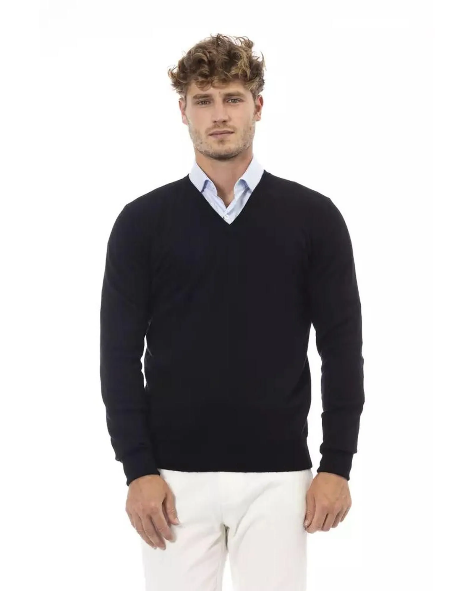 VNeck Merino Wool Sweater Classic Style- Black