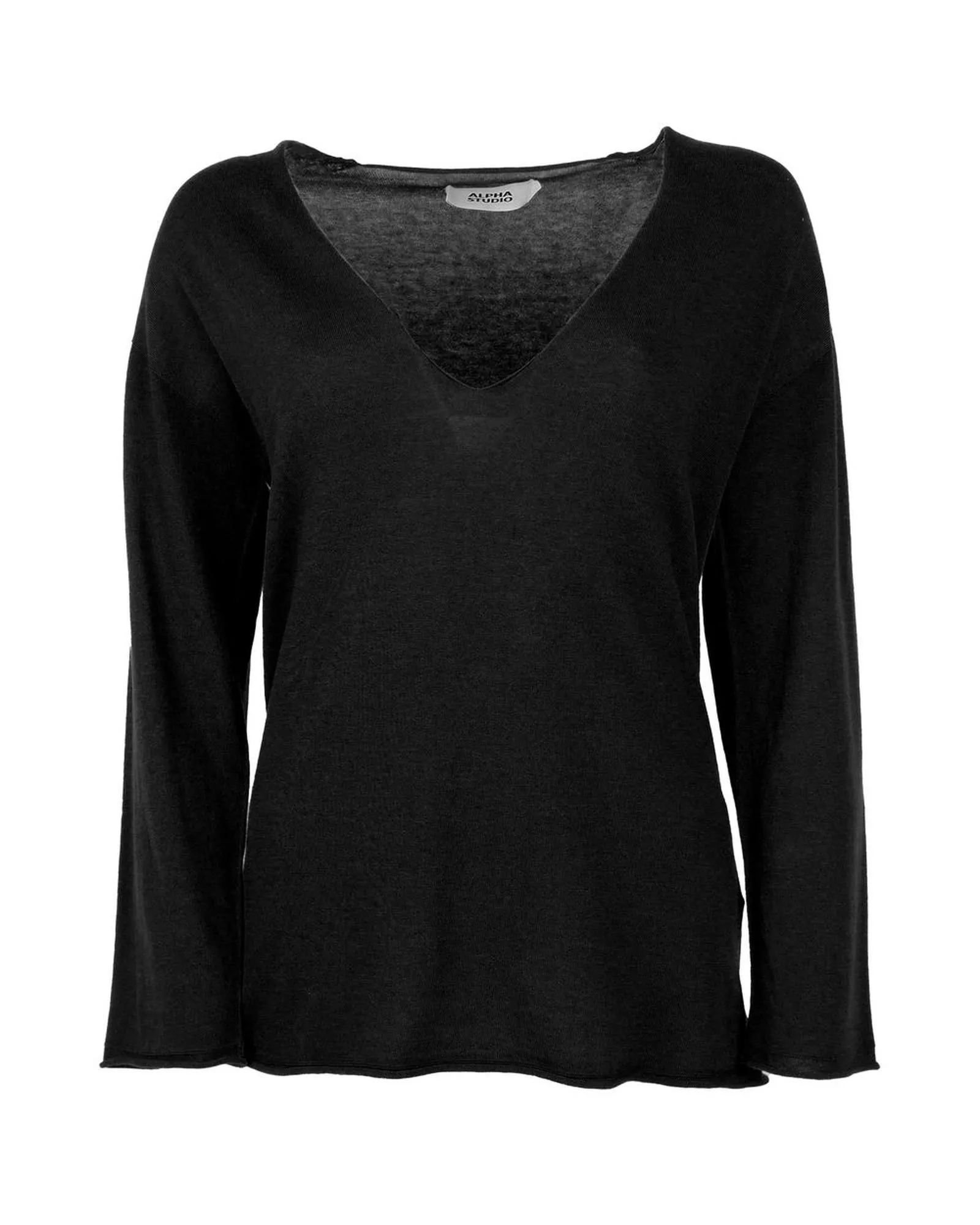 V-Neck Long Sleeve Linen Sweater - Black