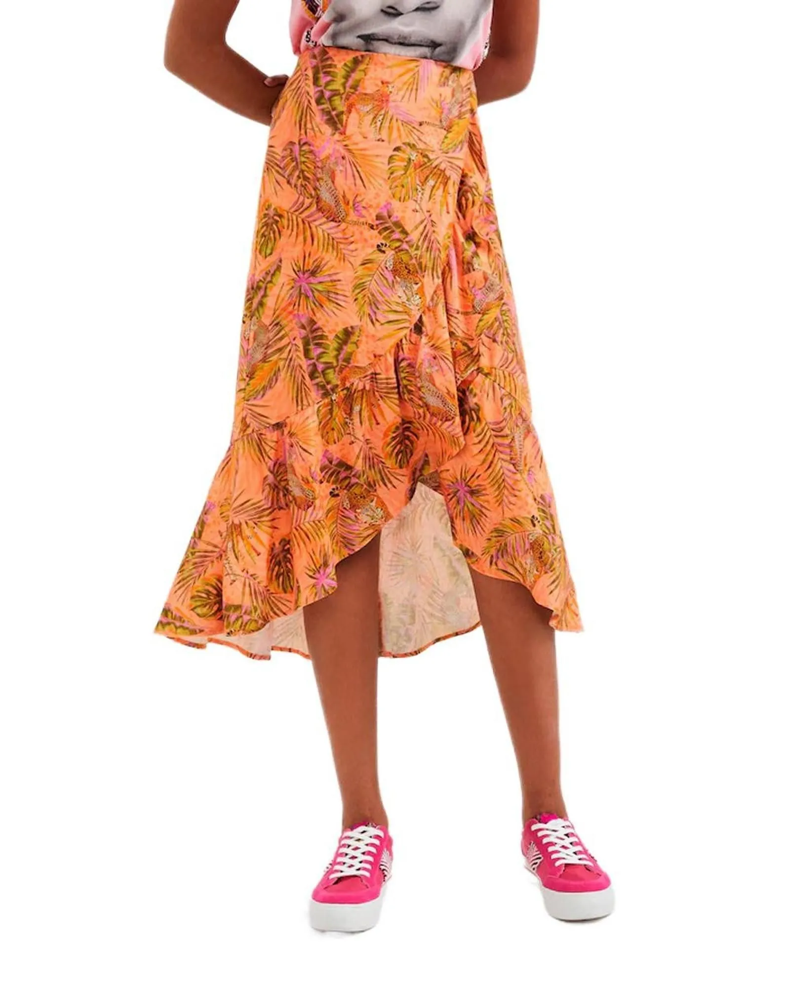 Printed Wrap Midi Skirt- Orange