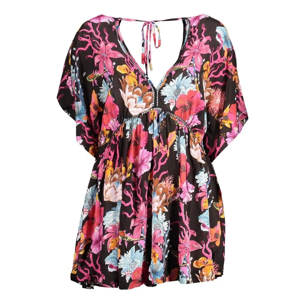 Floral Kaftan Dress Short Sleeve Dress- Black Dresses