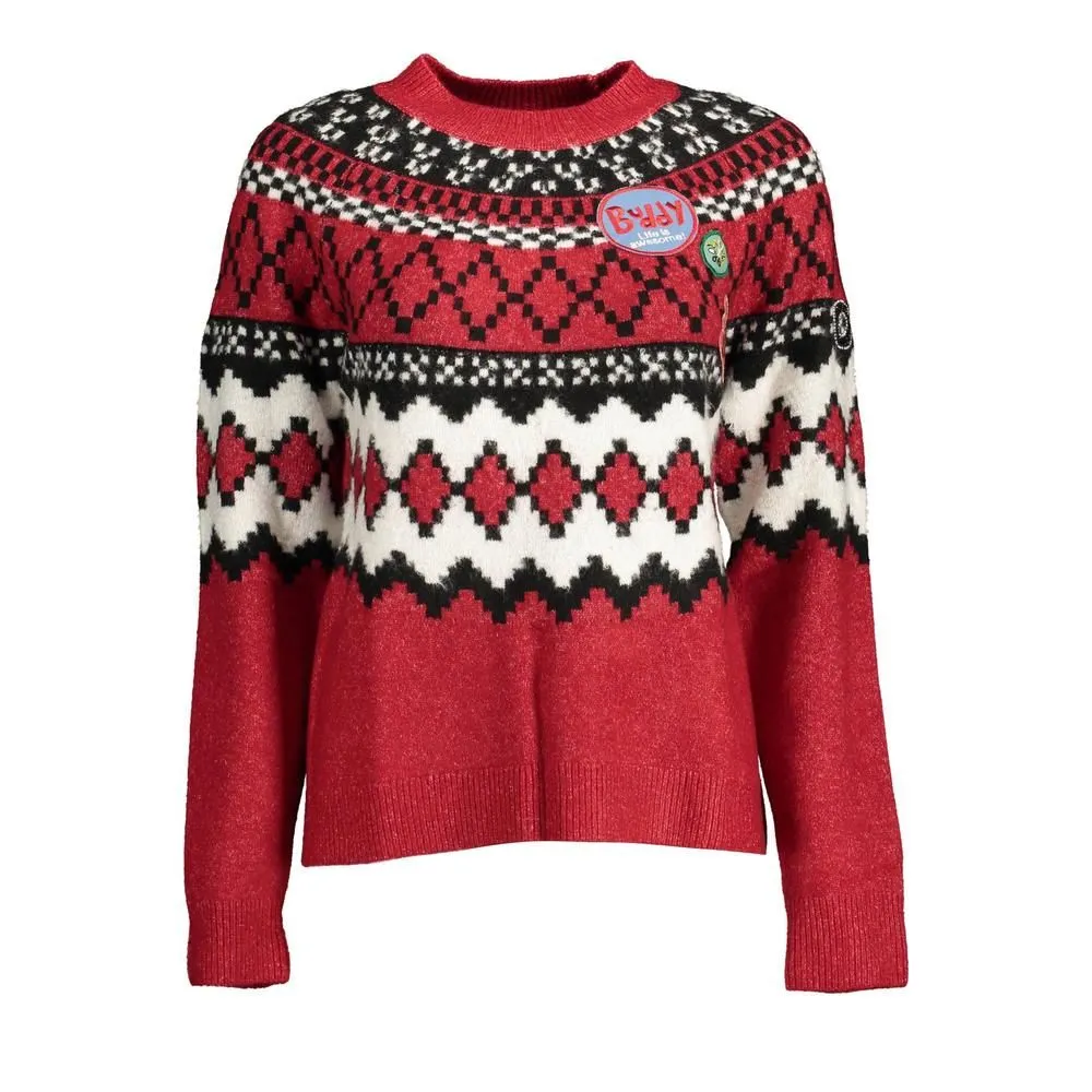 Fair Isle Knit Sweater Geometric Print- Red