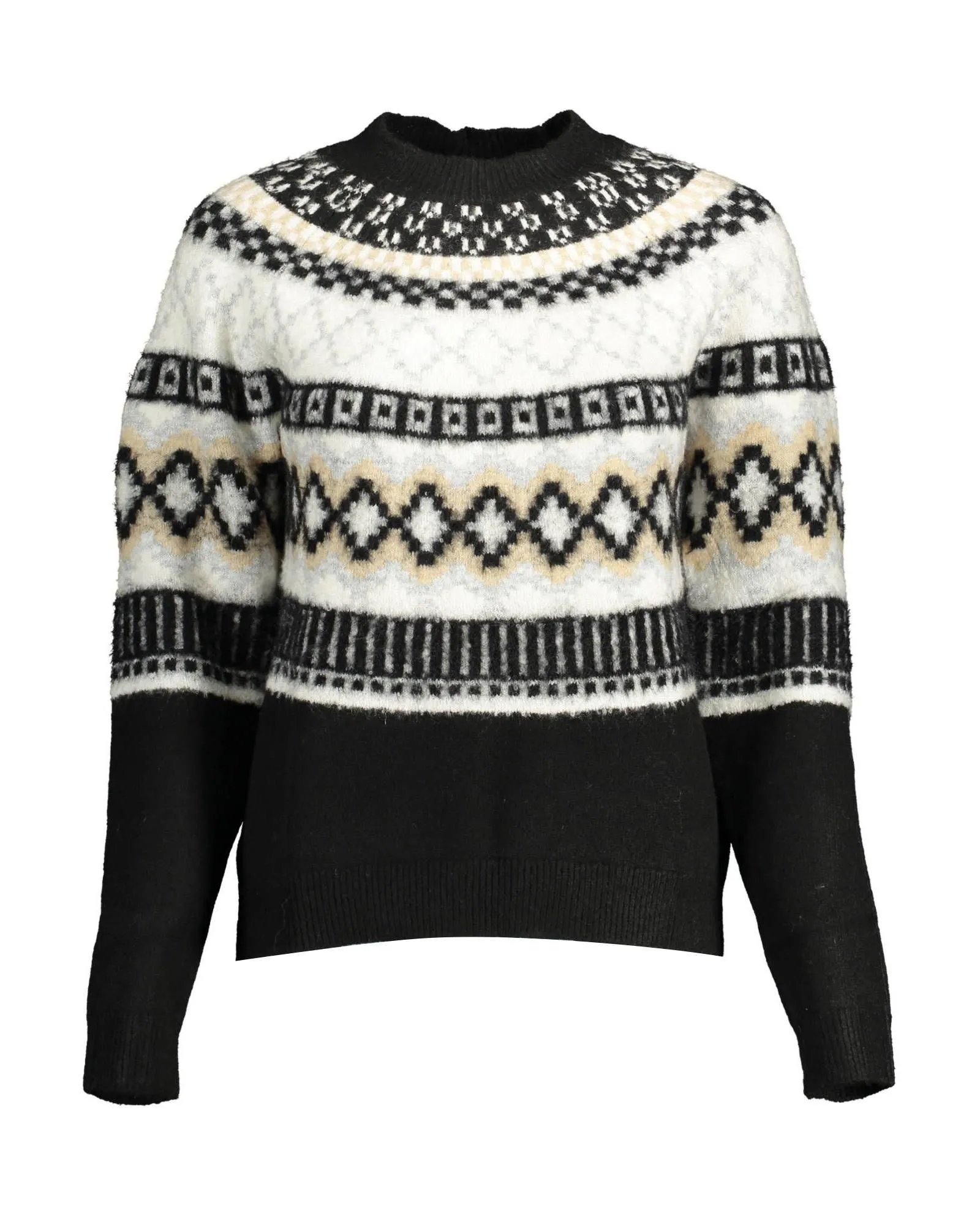 Fair Isle Knit Pullover Sweater- Black
