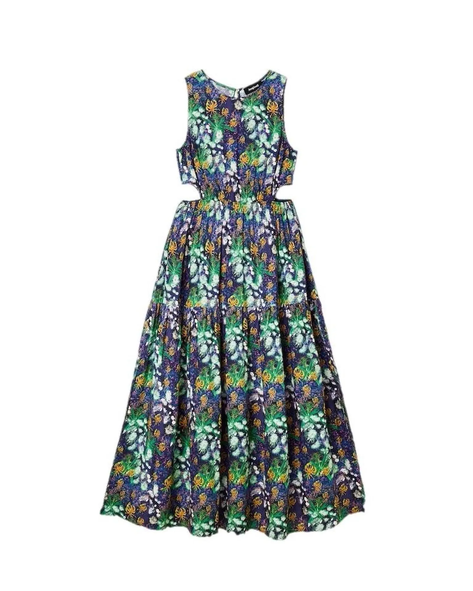 Floral Cutout Midi Dress StyleALine- Blue Dresses