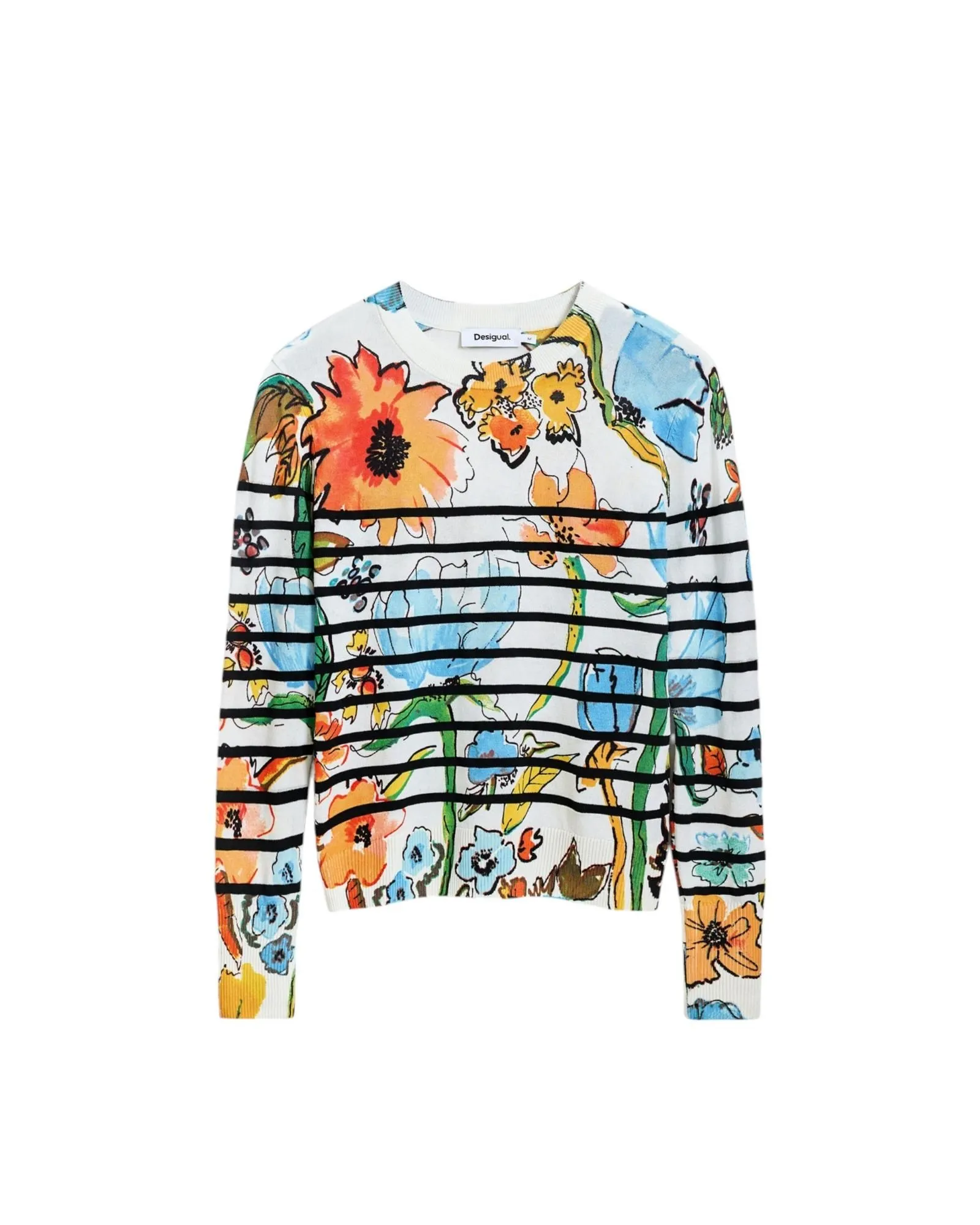 Floral Stripe Knit Pullover Sweater- White Knitwear